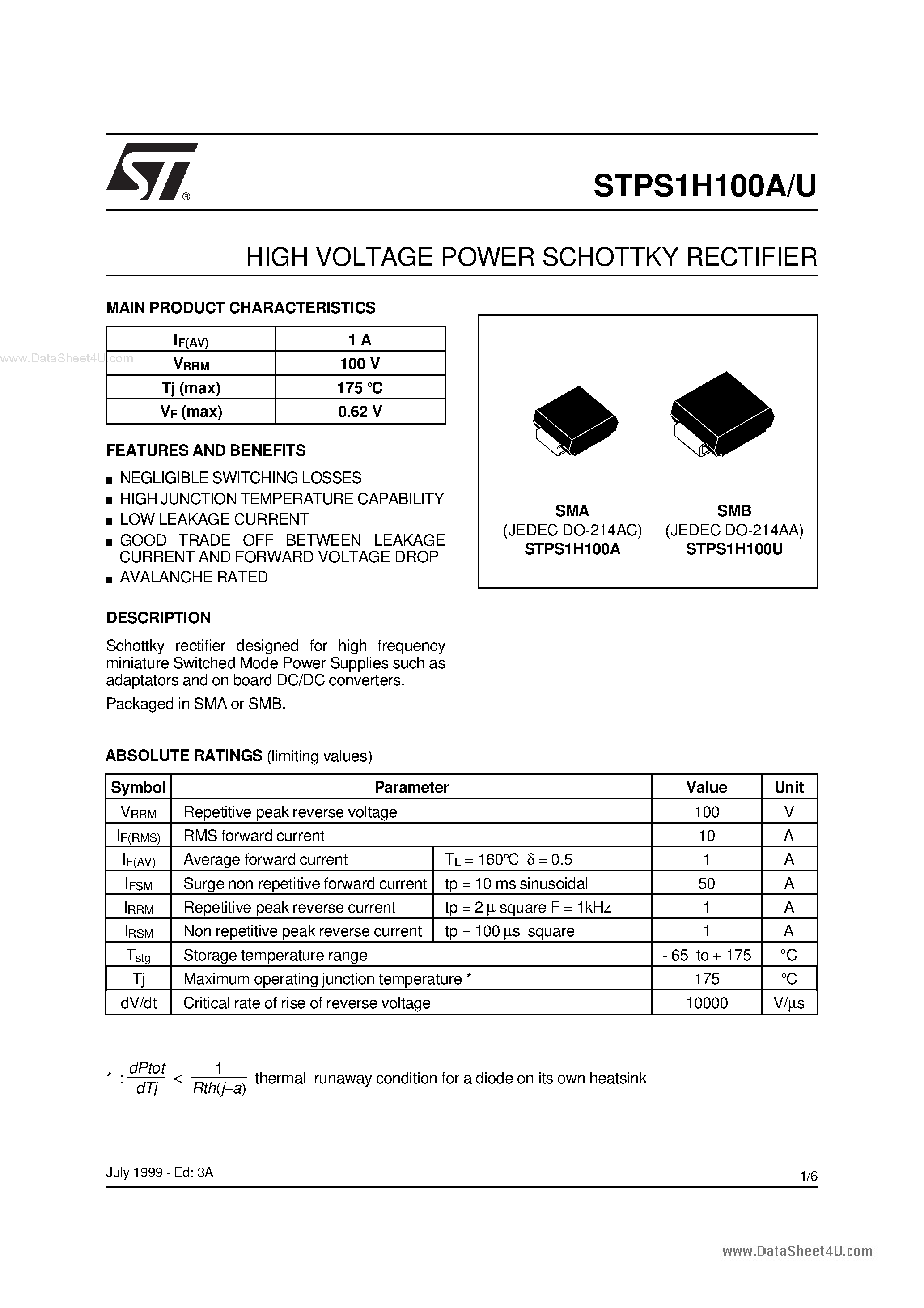 Datasheet STPS1H100A - HIGH VOLTAGE POWER SCHOTTKY RECTIFIER page 1