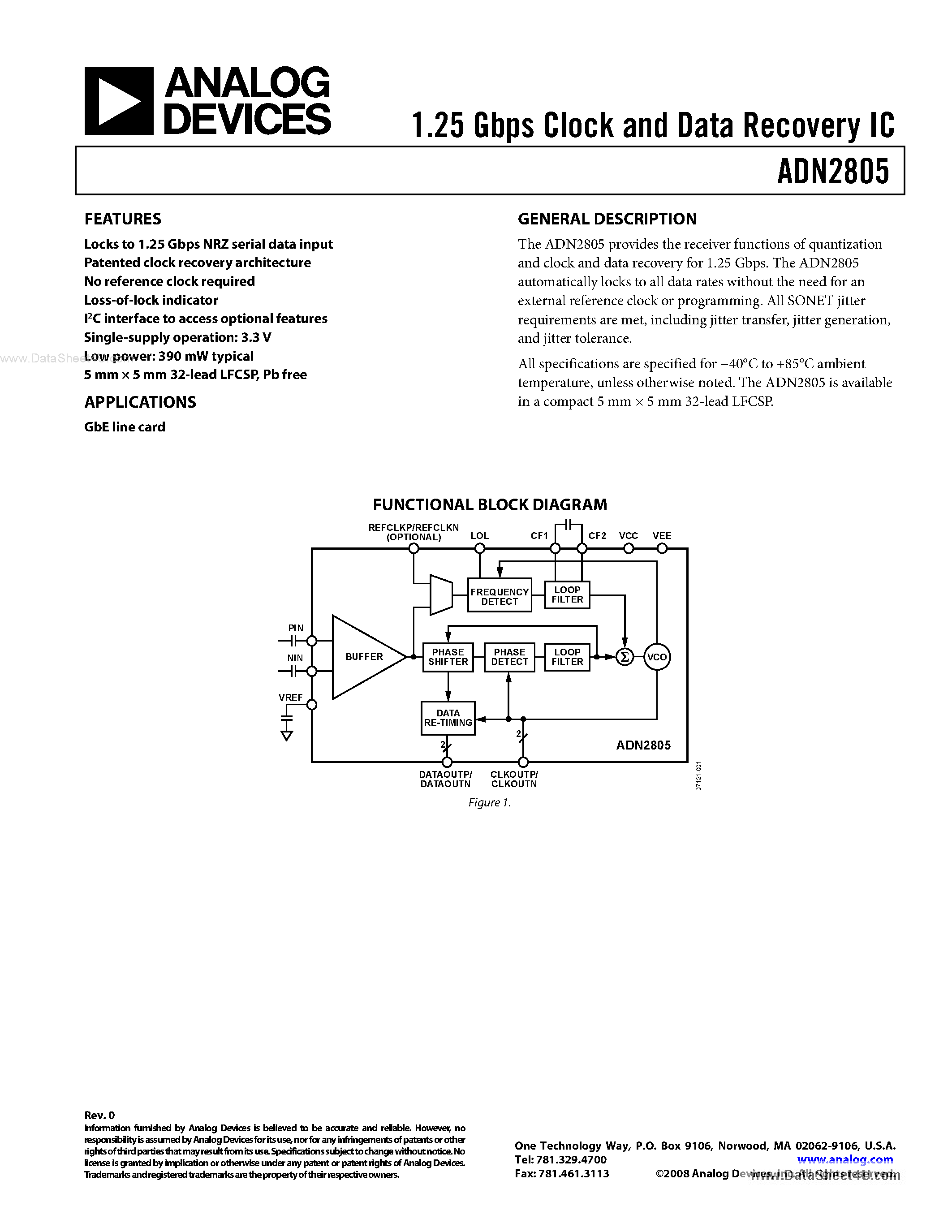 Даташит ADN2805 - 1.25 Gbps Clock and Data Recovery IC страница 1