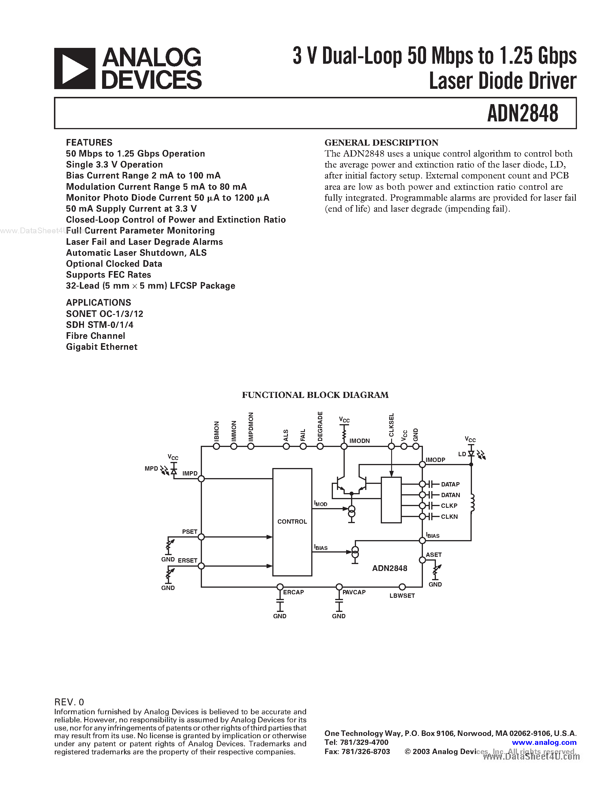 Datasheet ADN2848 - 3V Dual-Loop 50 Mbps to 1.25 Gbps Laser Diode Driver page 1
