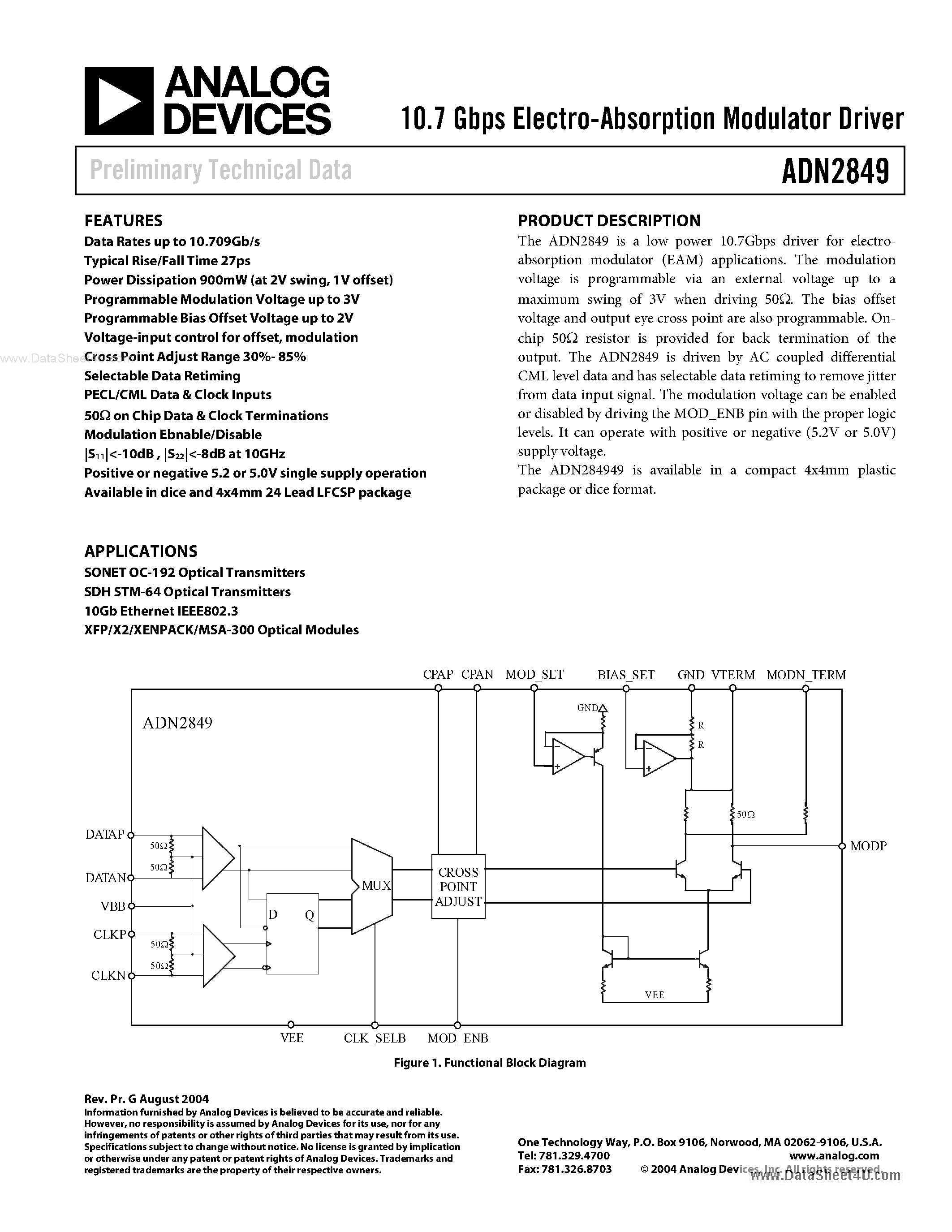 Datasheet ADN2849 - 10.7 Gbps Electro-Absorption Modulator Driver page 1
