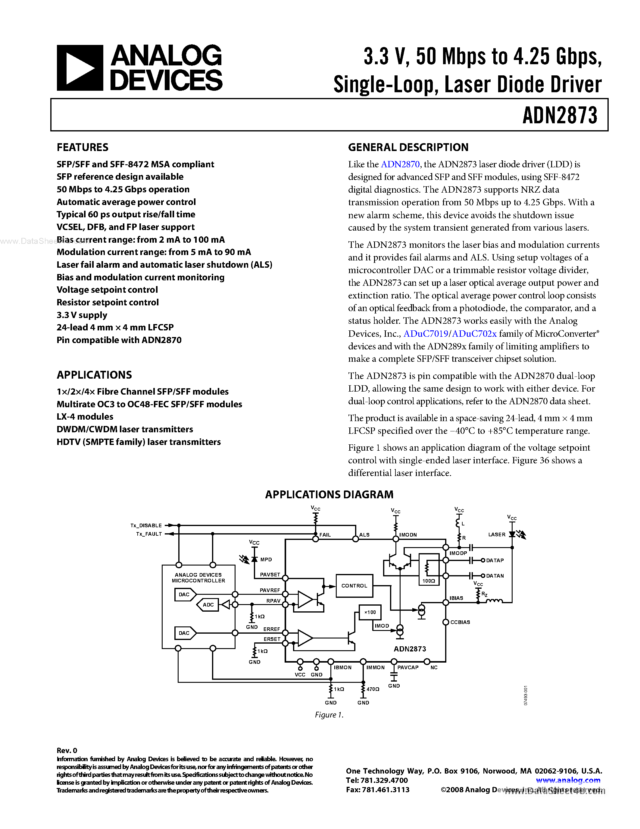 Datasheet ADN2873 page 1 Datasheet ADN2873 - Laser Diode Driver page 1