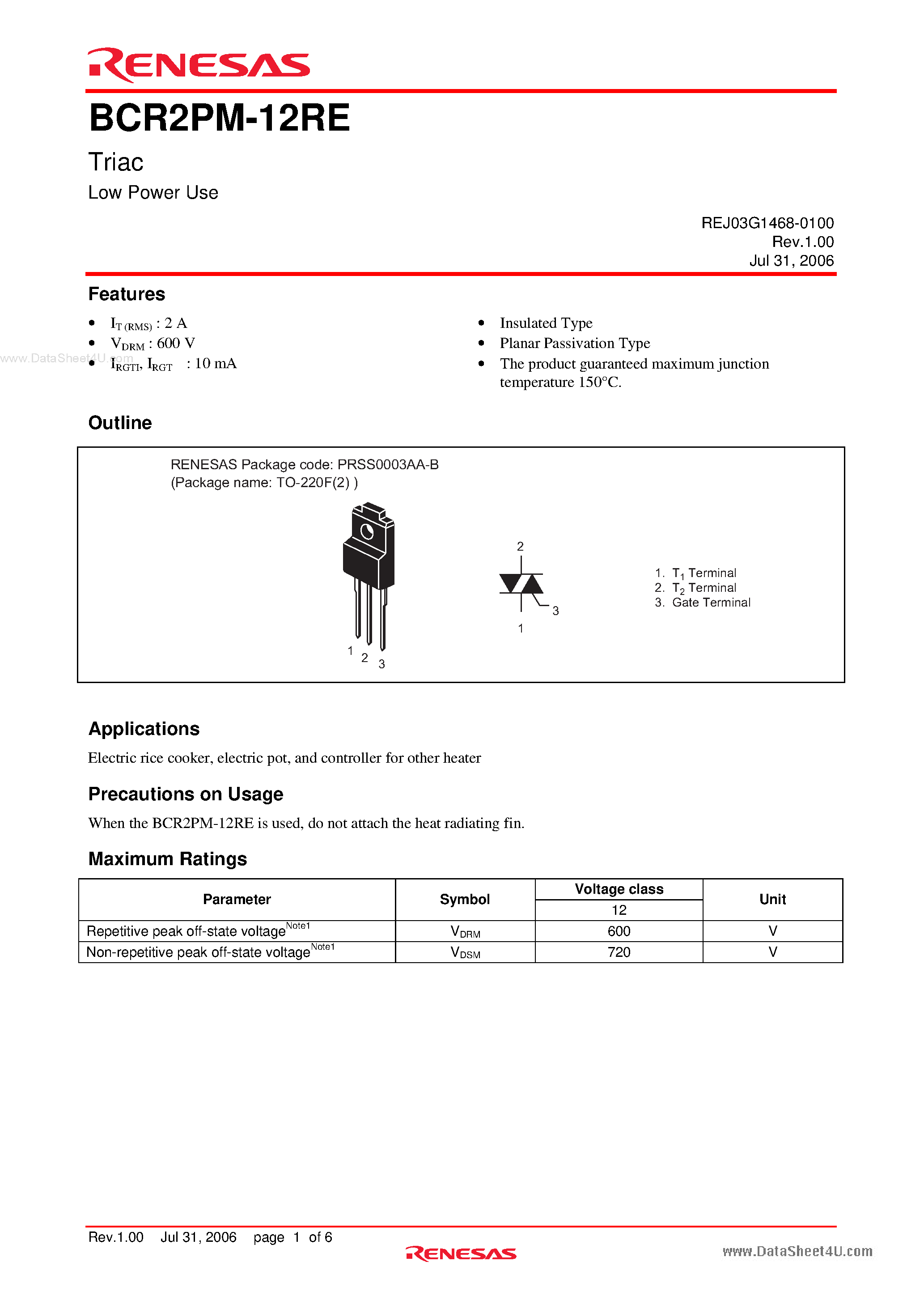 Datasheet BCR2PM-12RE - Triac Low Power Use page 1