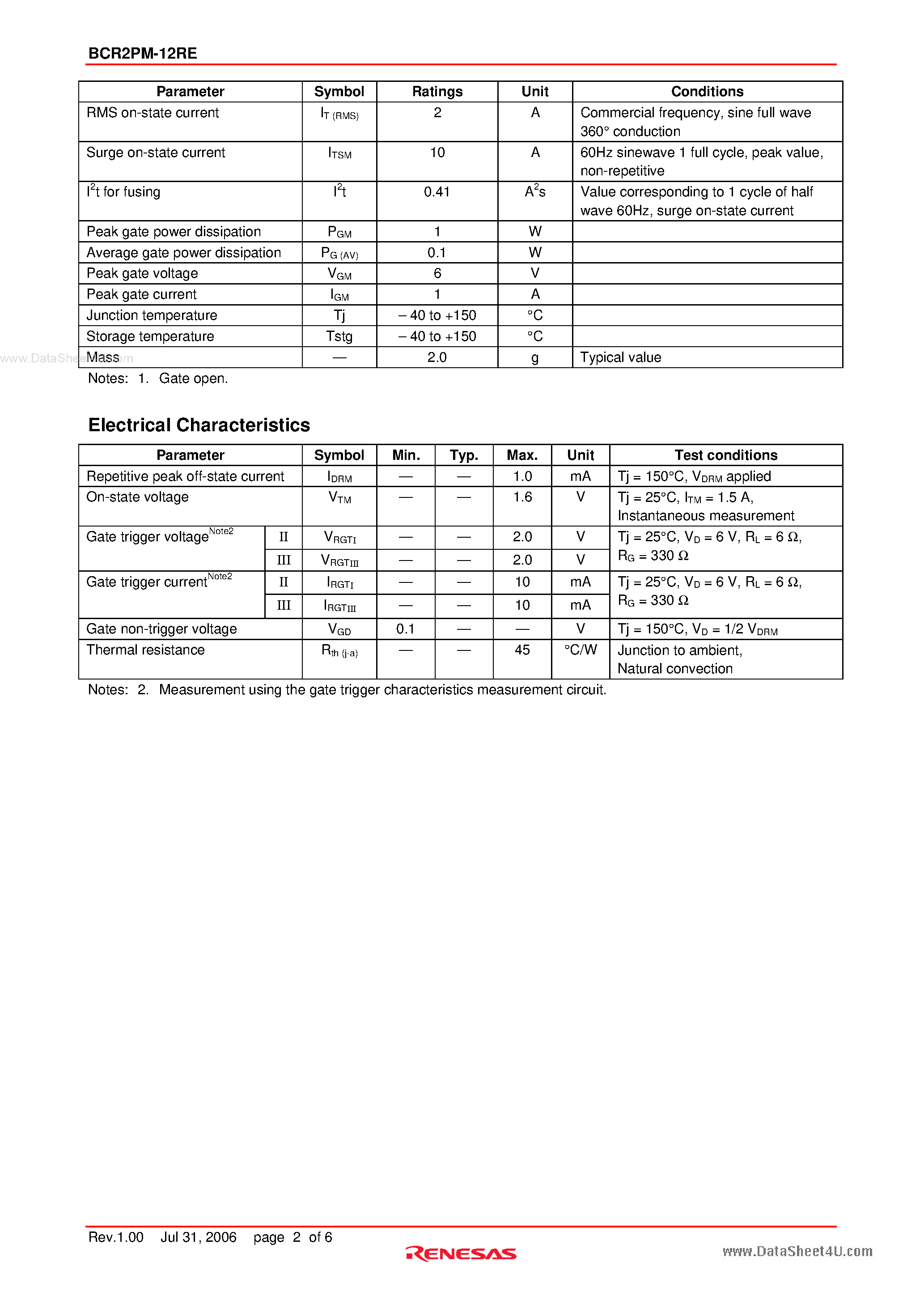 Datasheet BCR2PM-12RE - Triac Low Power Use page 2