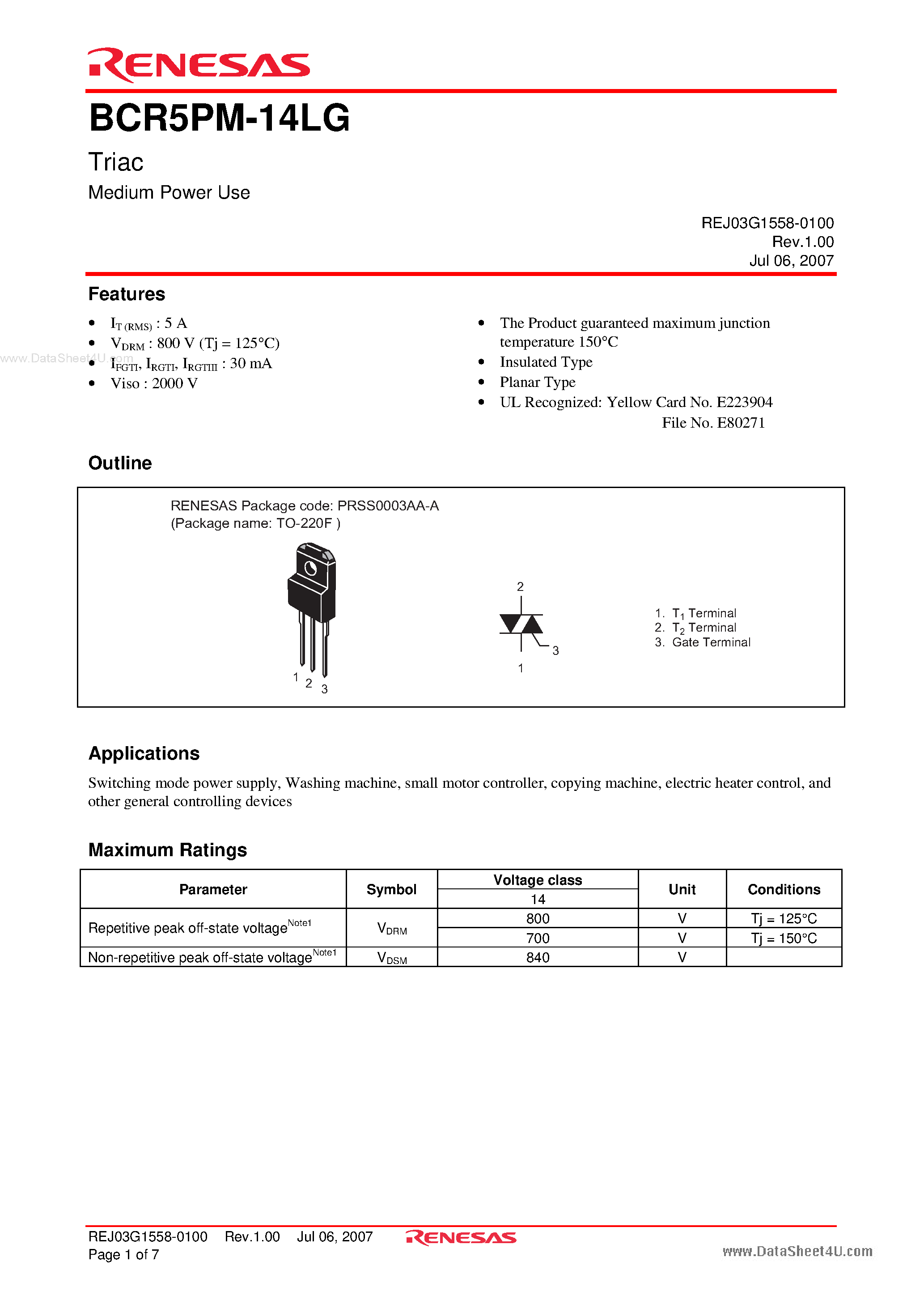 Datasheet BCR5PM-14LG - Triac Medium Power Use page 1