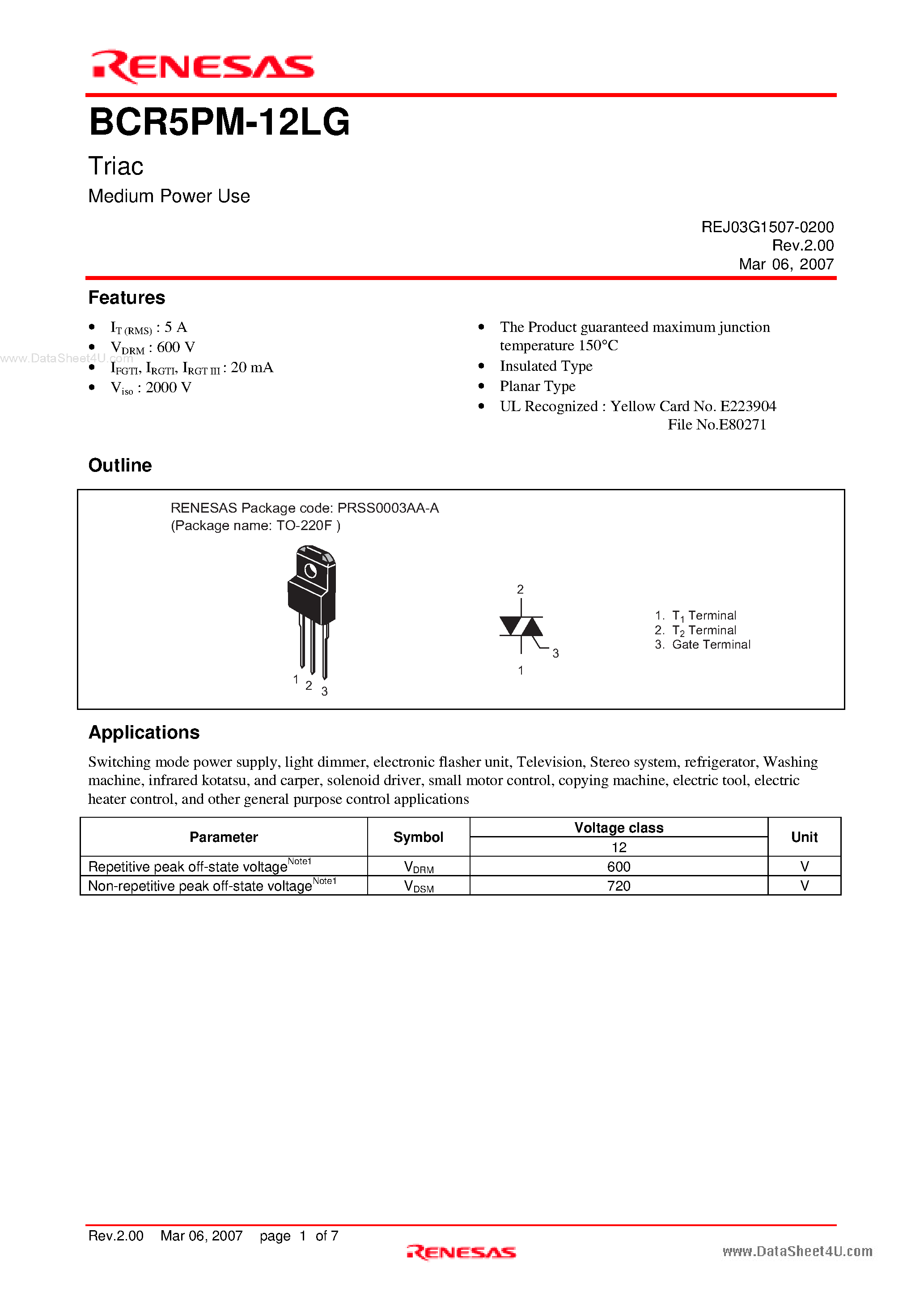 Datasheet BCR5PM-12LG - Triac Medium Power Use page 1