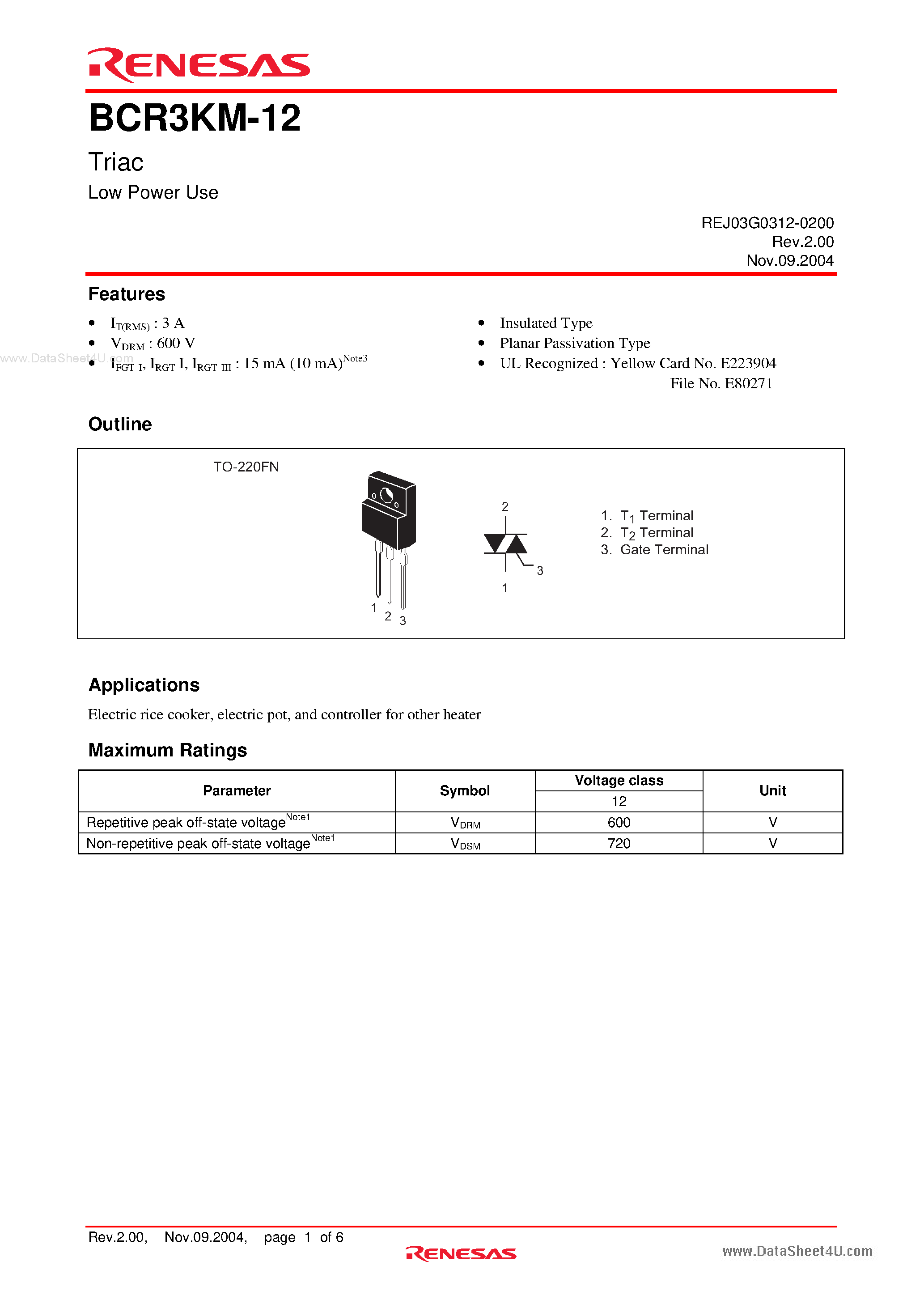 Datasheet BCR3KM-12 - Triac Low Power Use page 1
