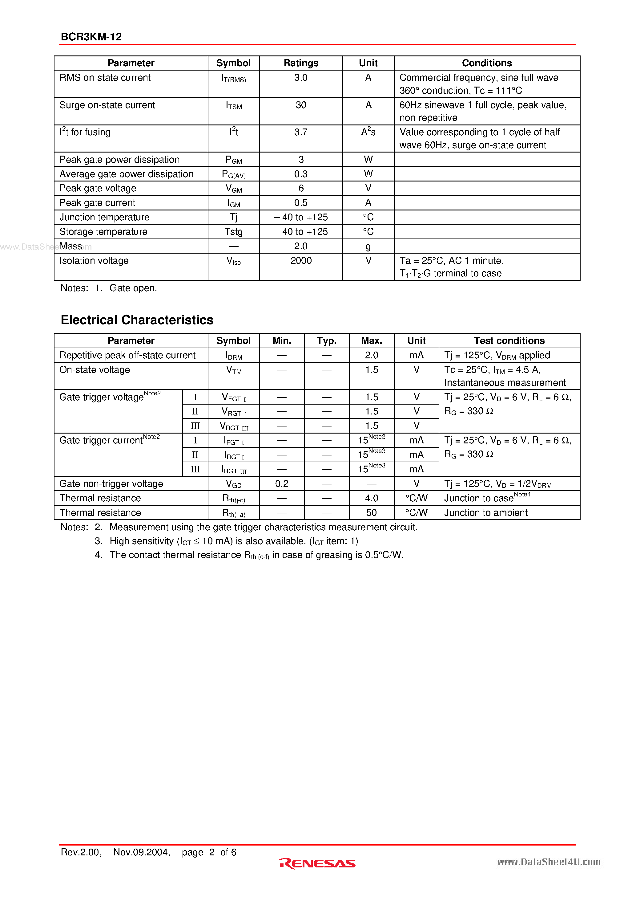 Datasheet BCR3KM-12 - Triac Low Power Use page 2