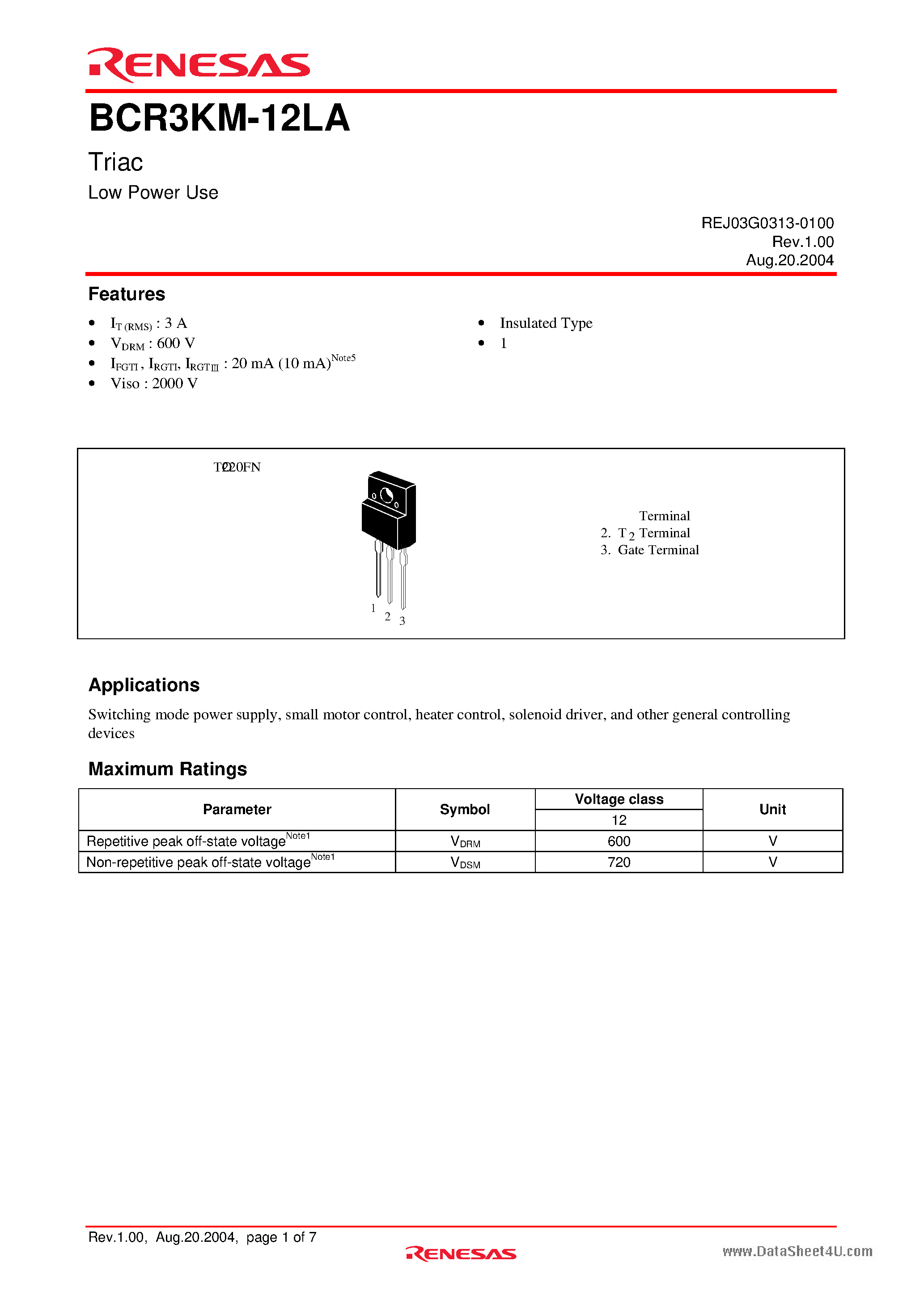 Datasheet BCR3KM-12LA - Triac Low Power Use page 1