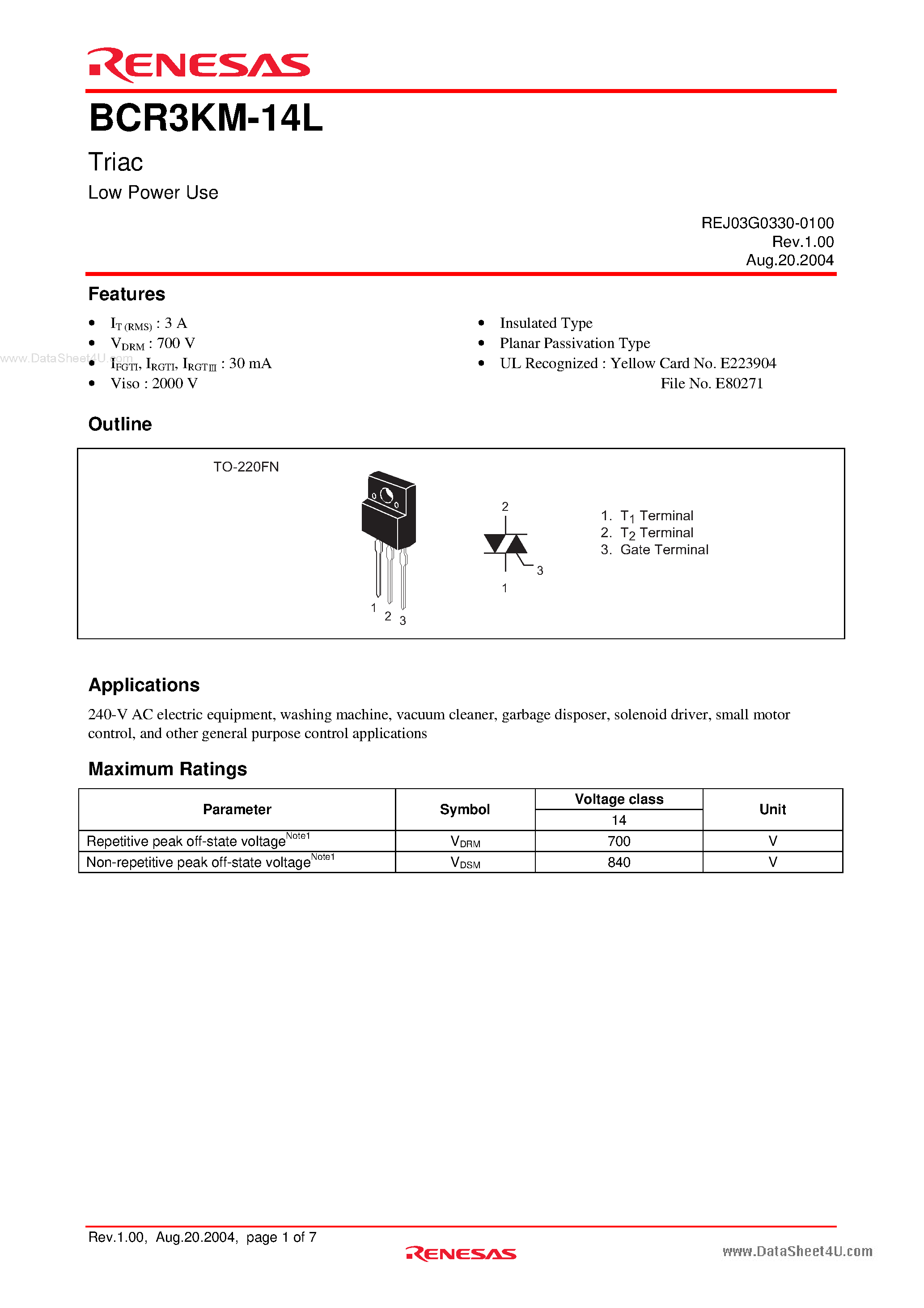 Datasheet BCR3PM-14L - Triac Low Power Use page 1