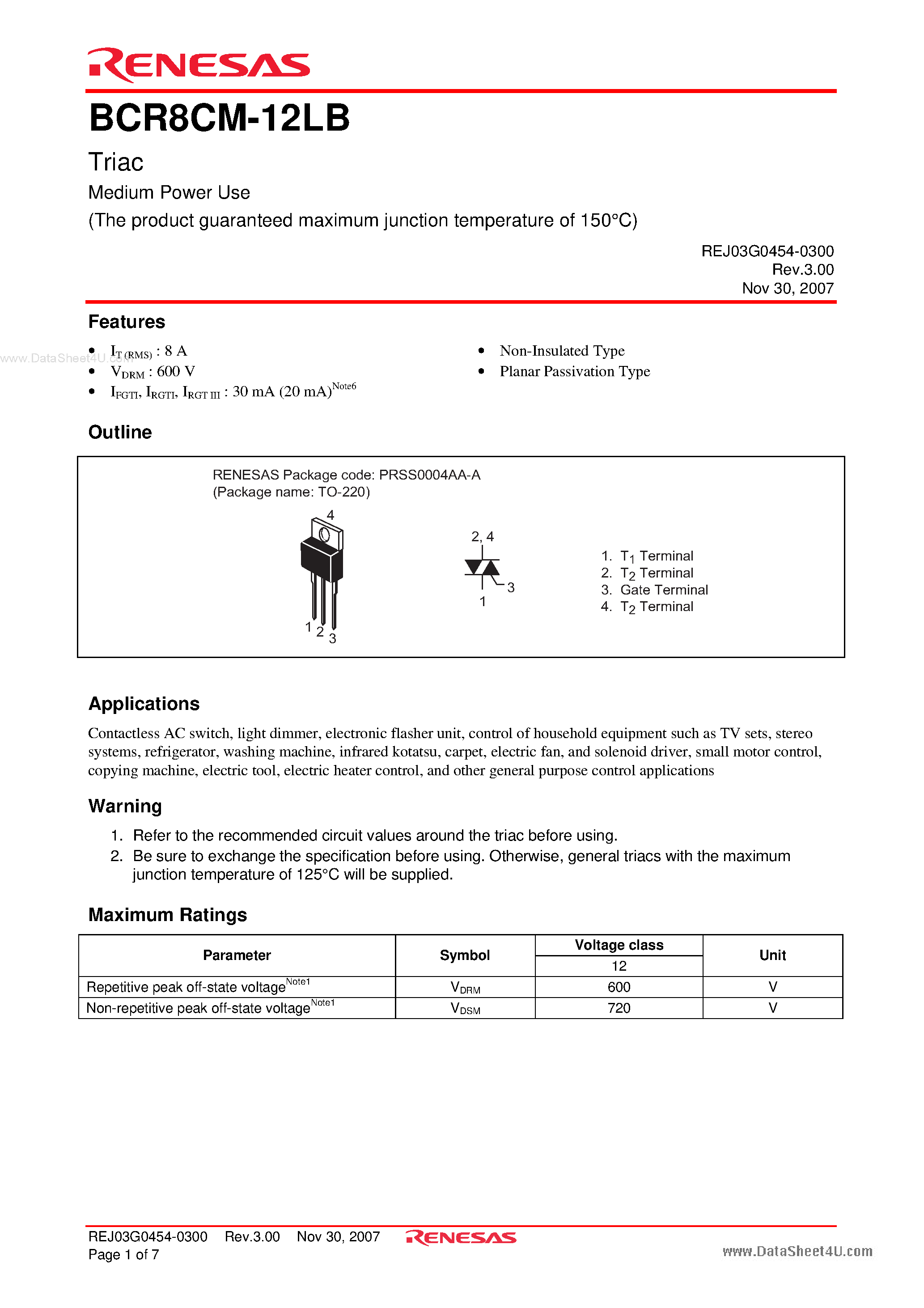 Datasheet BCR8CM-12LB - Triac Medium Power Use page 1
