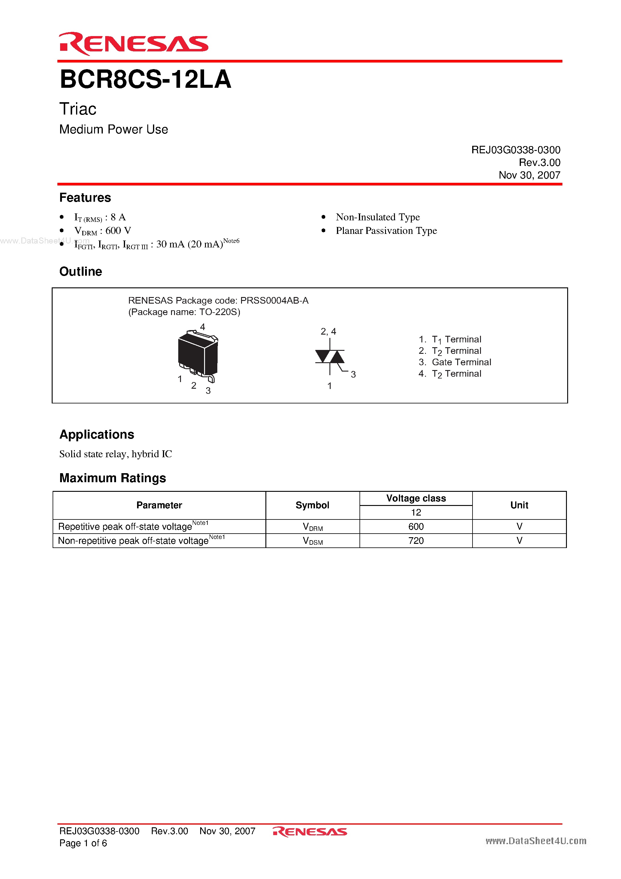 Datasheet BCR8CS-12LA - Triac Medium Power Use page 1