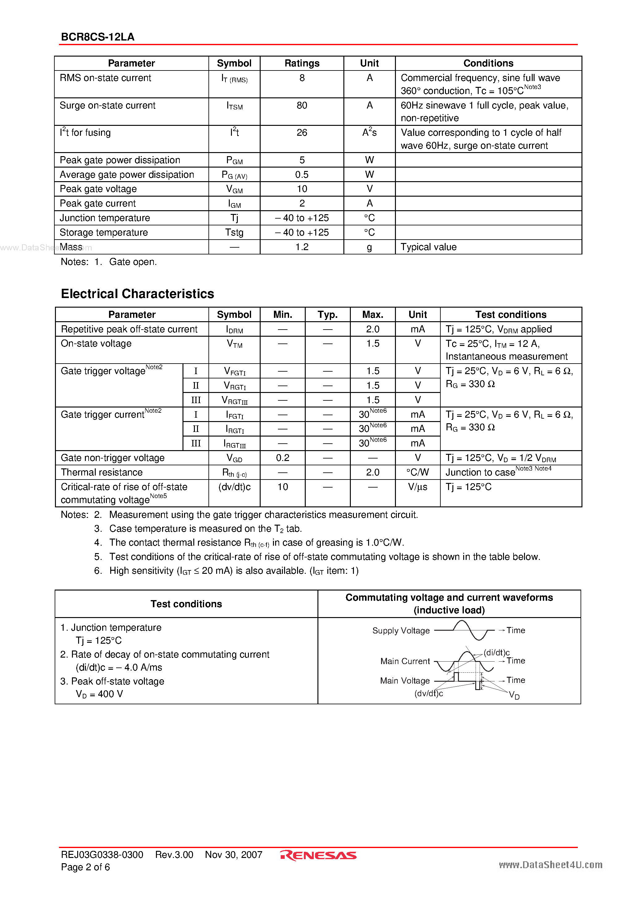Datasheet BCR8CS-12LA - Triac Medium Power Use page 2
