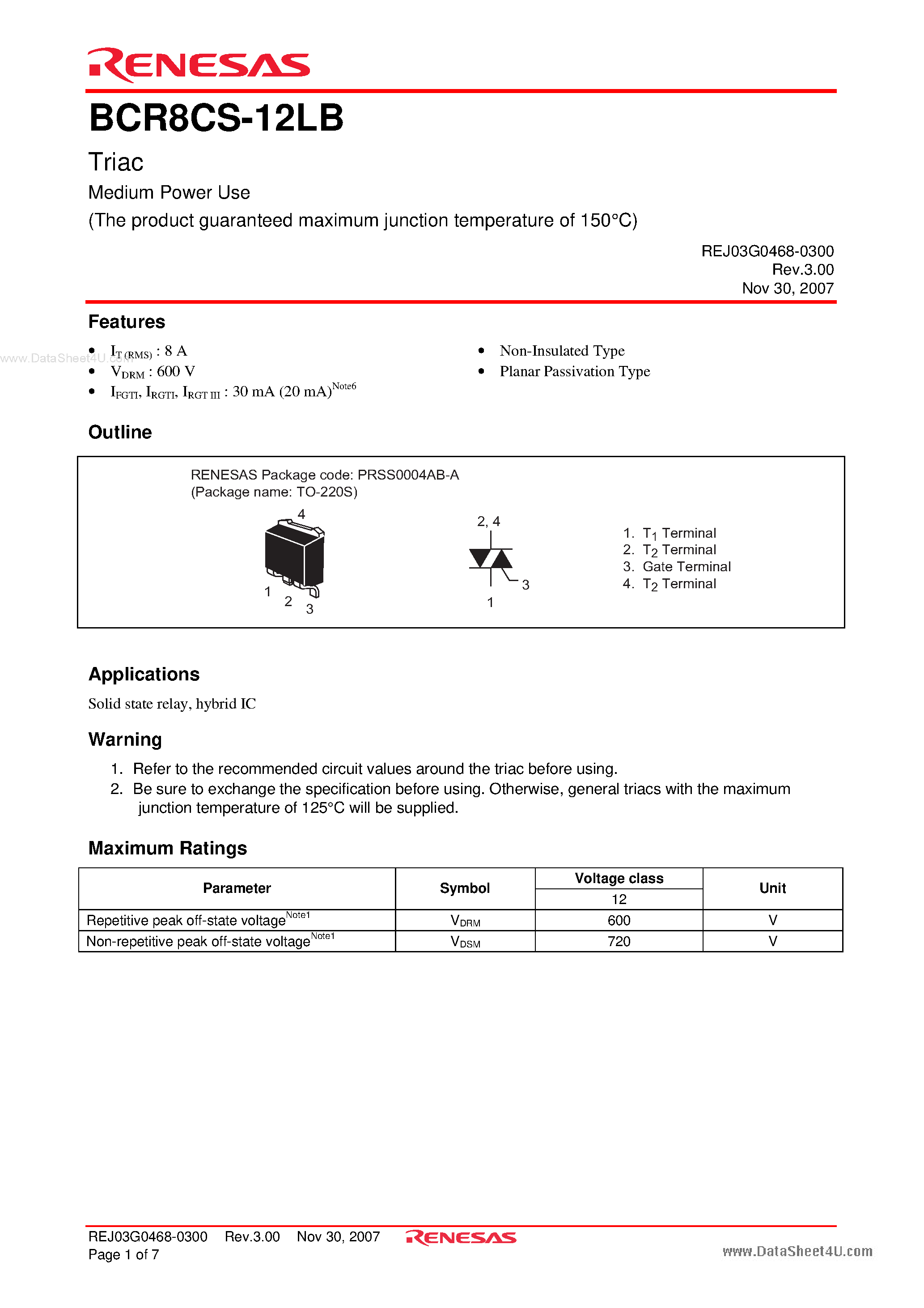 Datasheet BCR8CS-12LB - Triac Medium Power Use page 1