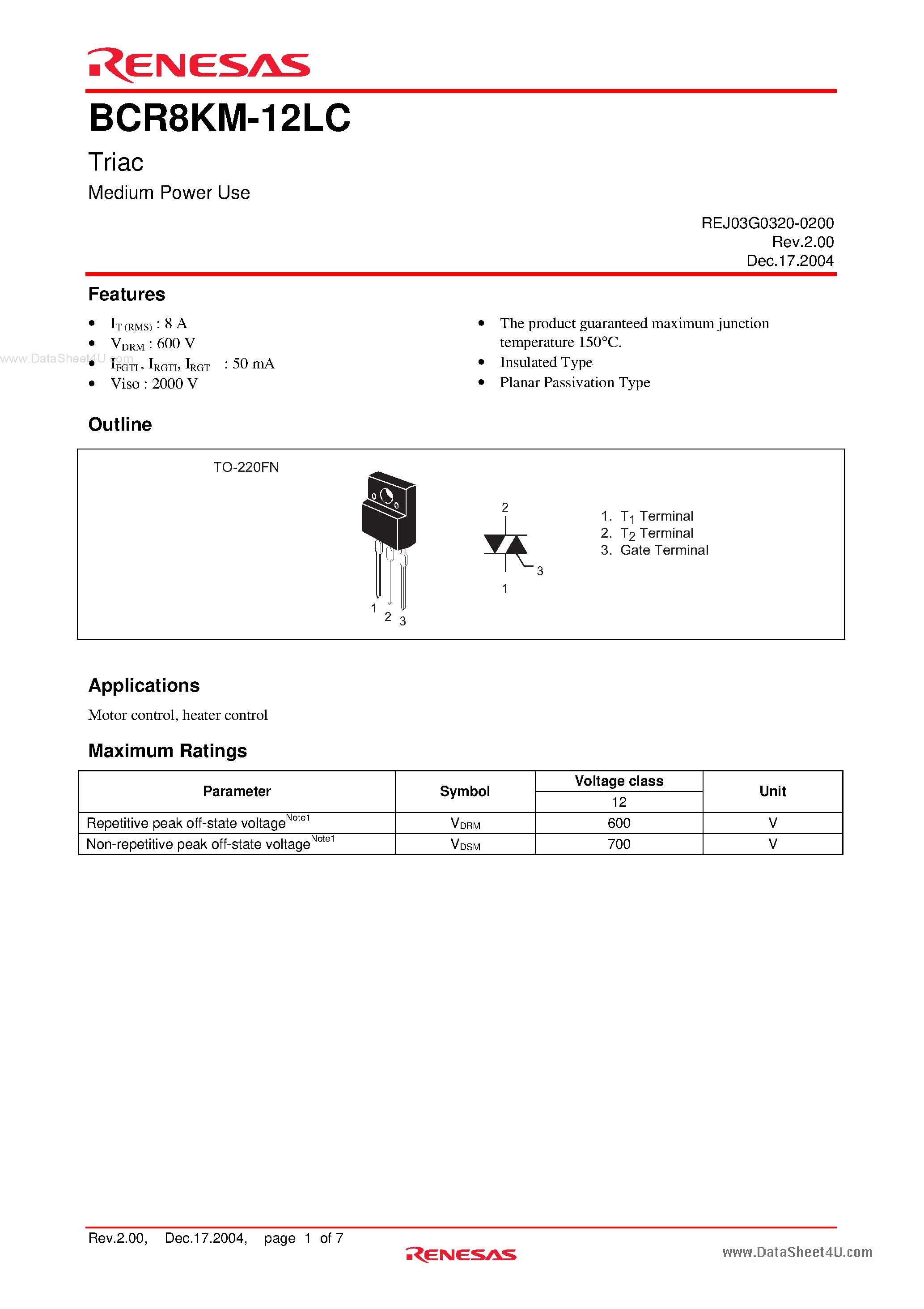 Datasheet BCR8KM-12LC - Triac Medium Power Use page 1