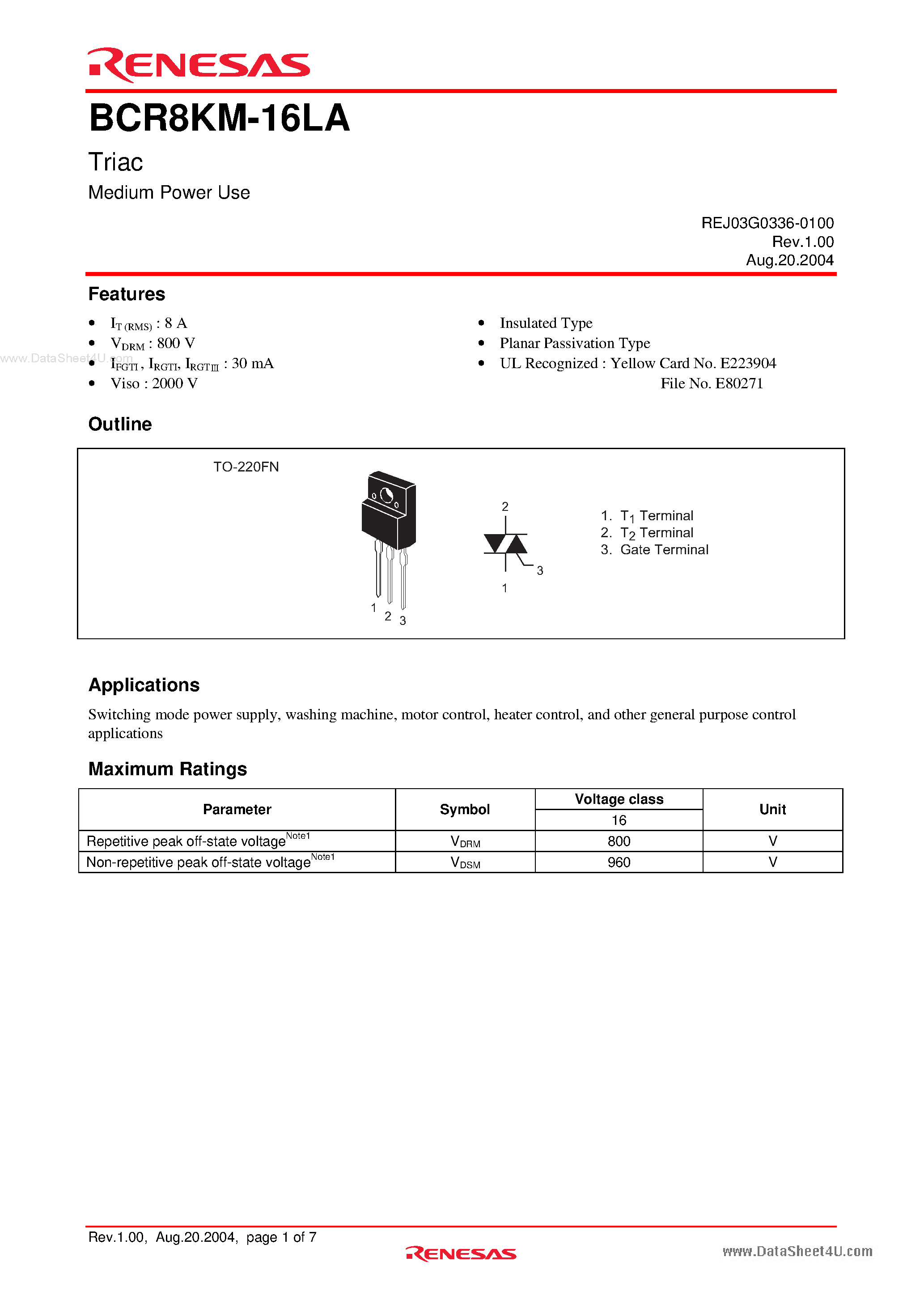 Datasheet BCR8KM-16LA - Triac Medium Power Use page 1
