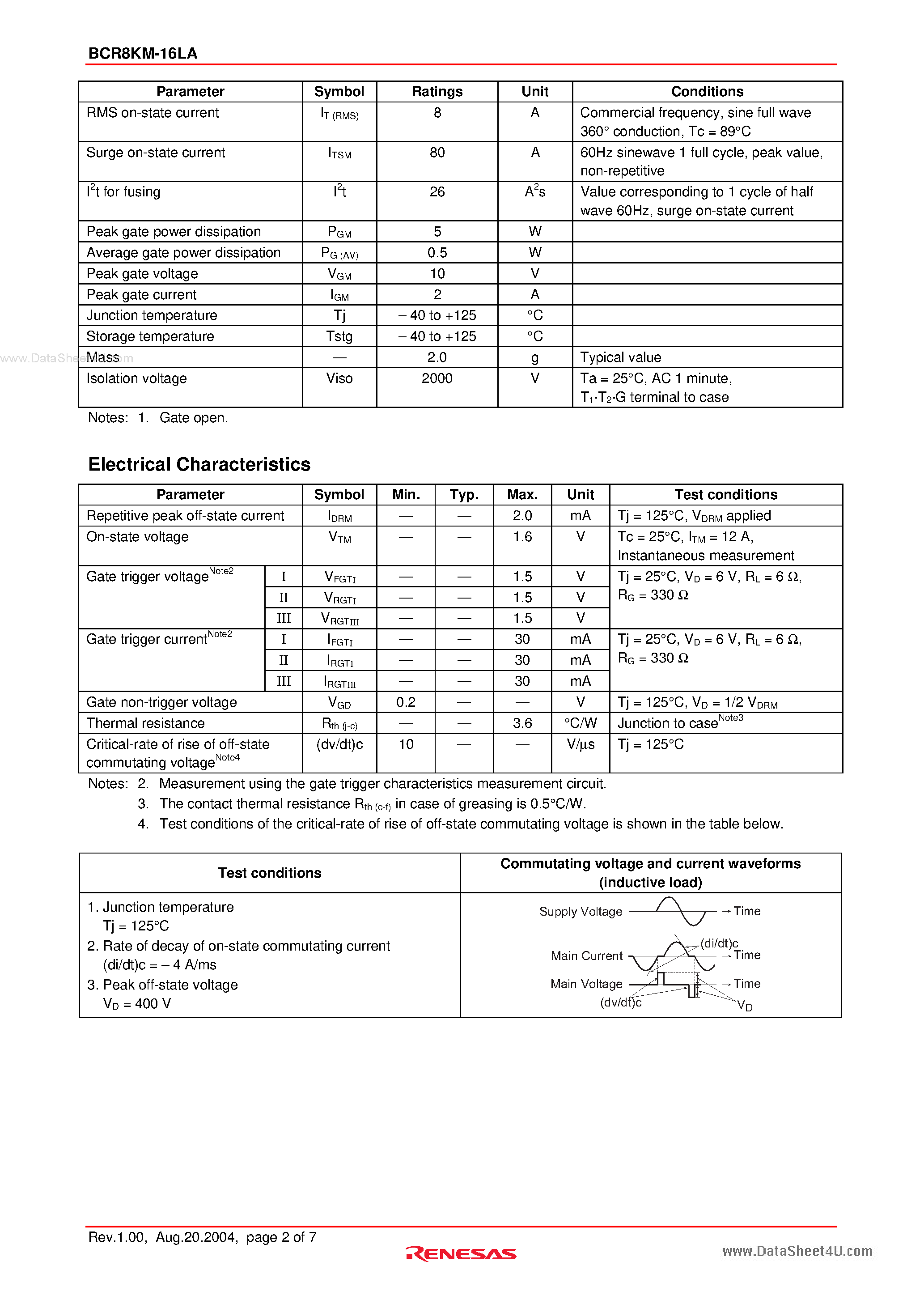 Datasheet BCR8KM-16LA - Triac Medium Power Use page 2