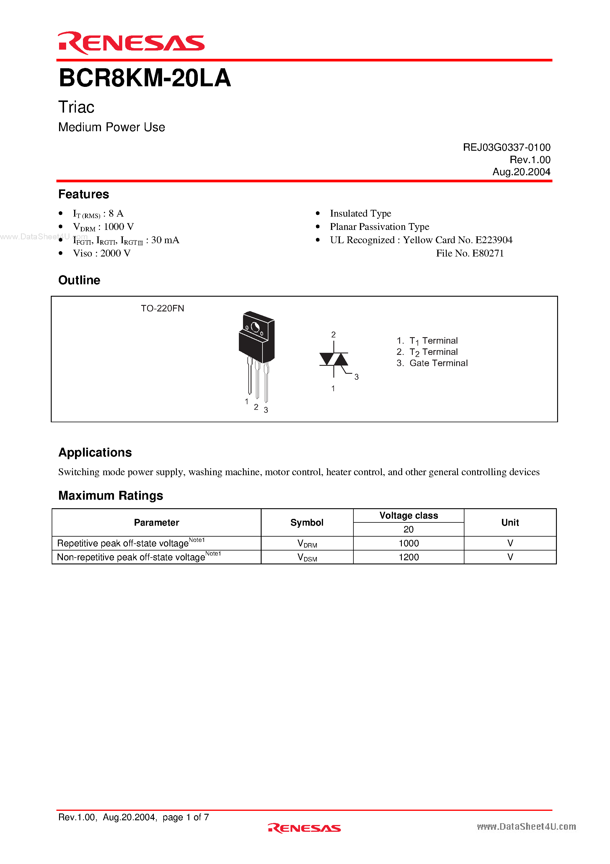 Datasheet BCR8KM-20LA - Triac Medium Power Use page 1