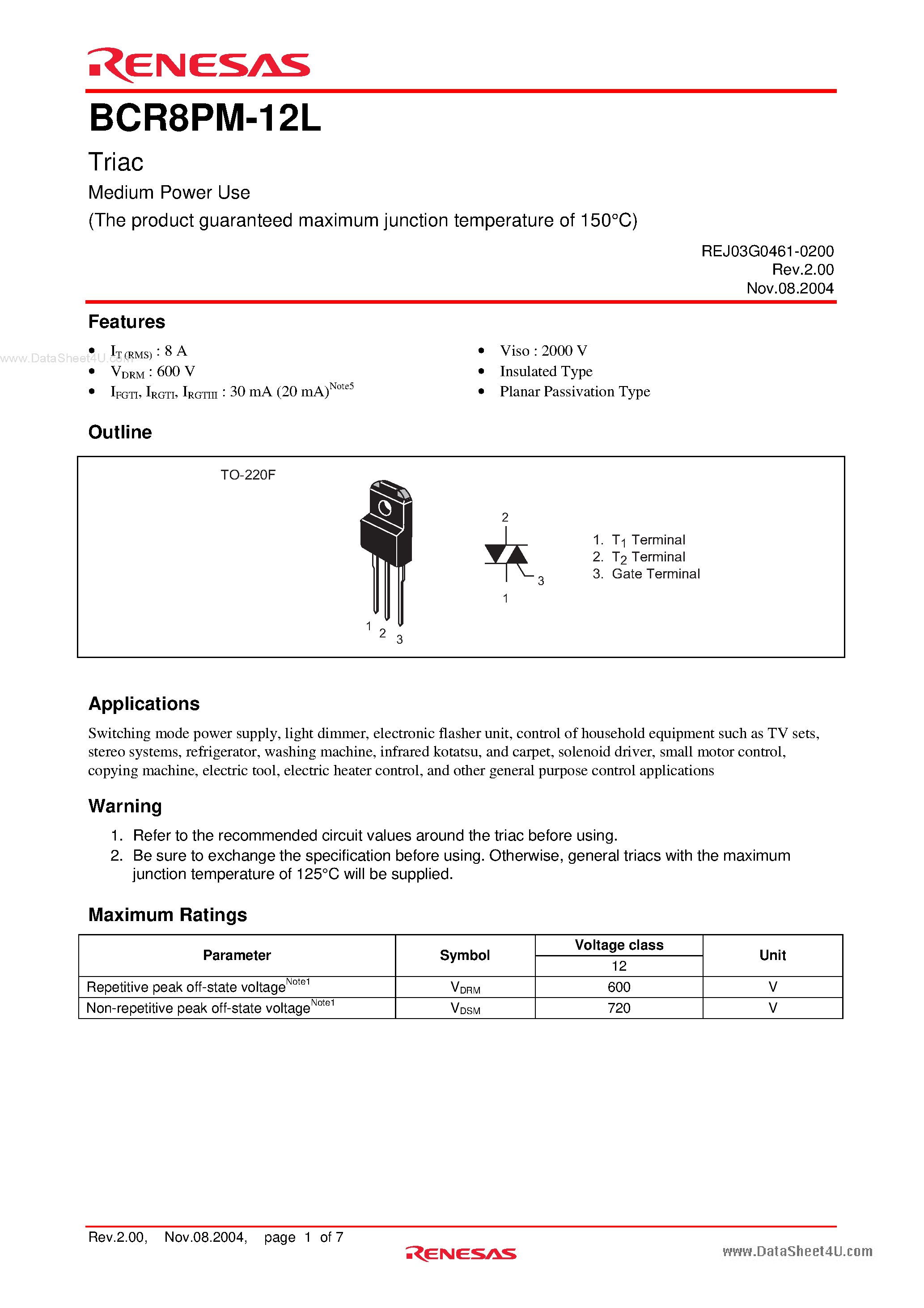 Даташит на микросхему BCR8PM-12L страница 1 Даташит BCR8PM-12L - Triac Medium Power Use страница 1