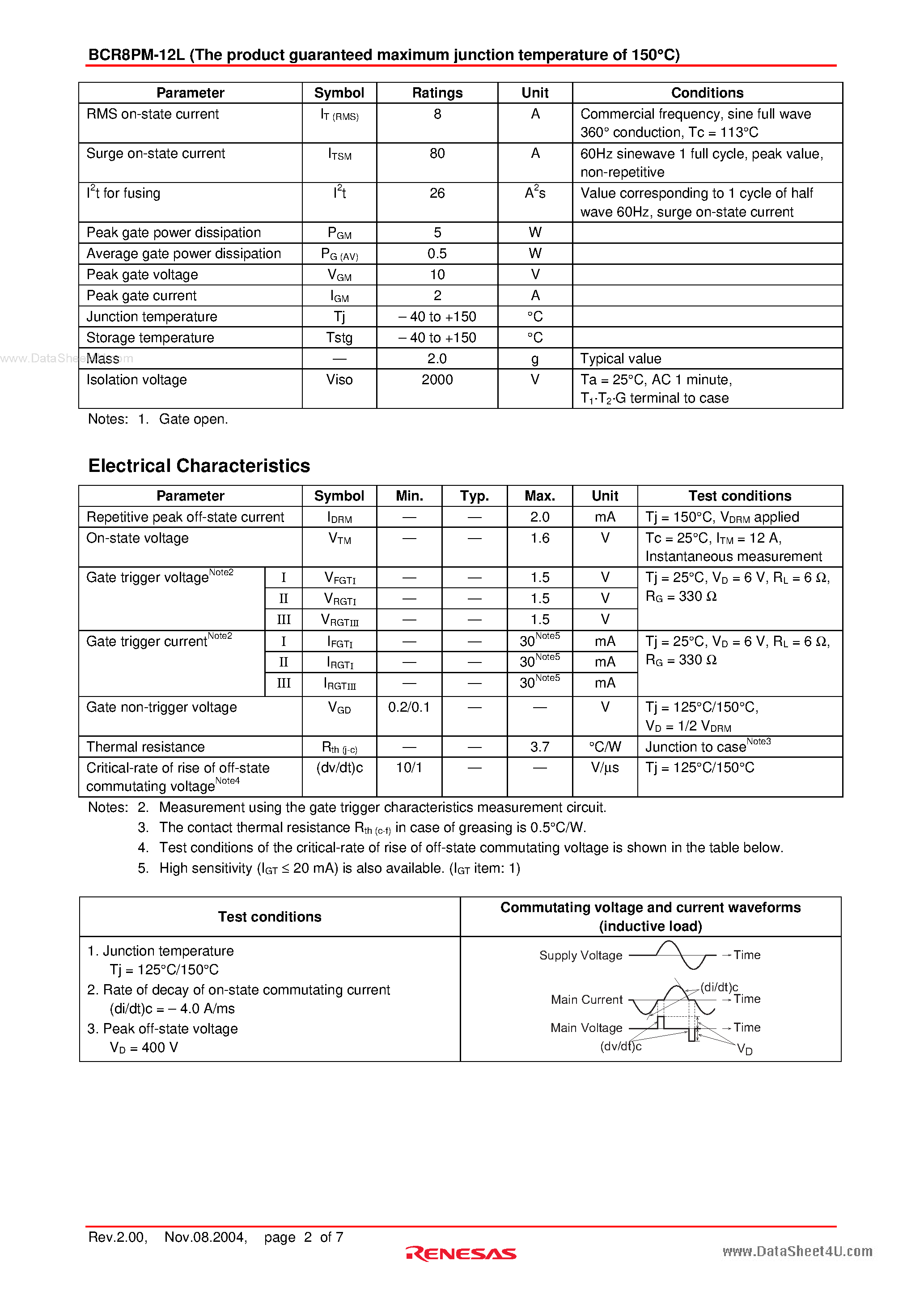 Даташит на микросхему BCR8PM-12L страница 2 Даташит BCR8PM-12L - Triac Medium Power Use страница 2