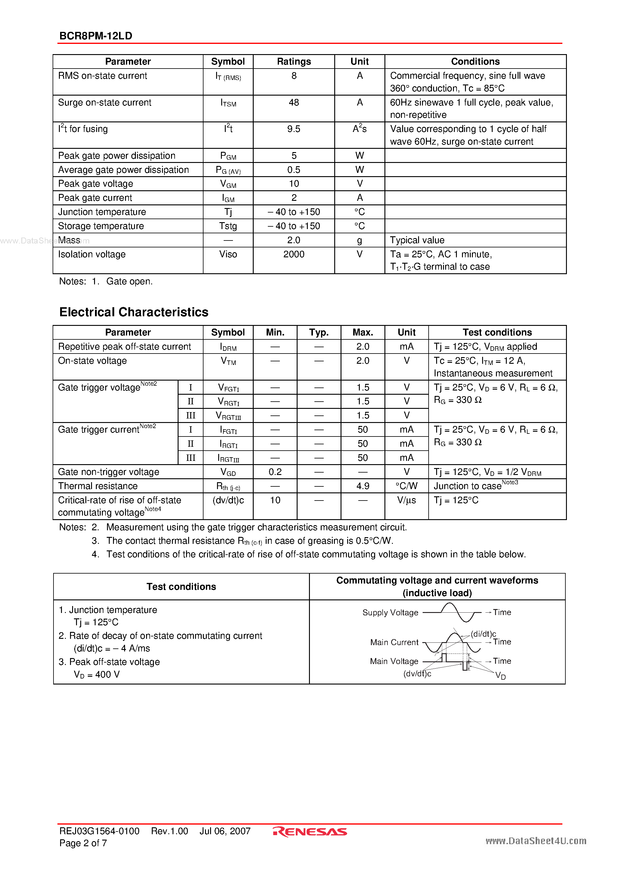 Datasheet BCR8PM-12LD page 2 Datasheet BCR8PM-12LD - Triac Medium Power Use page 2