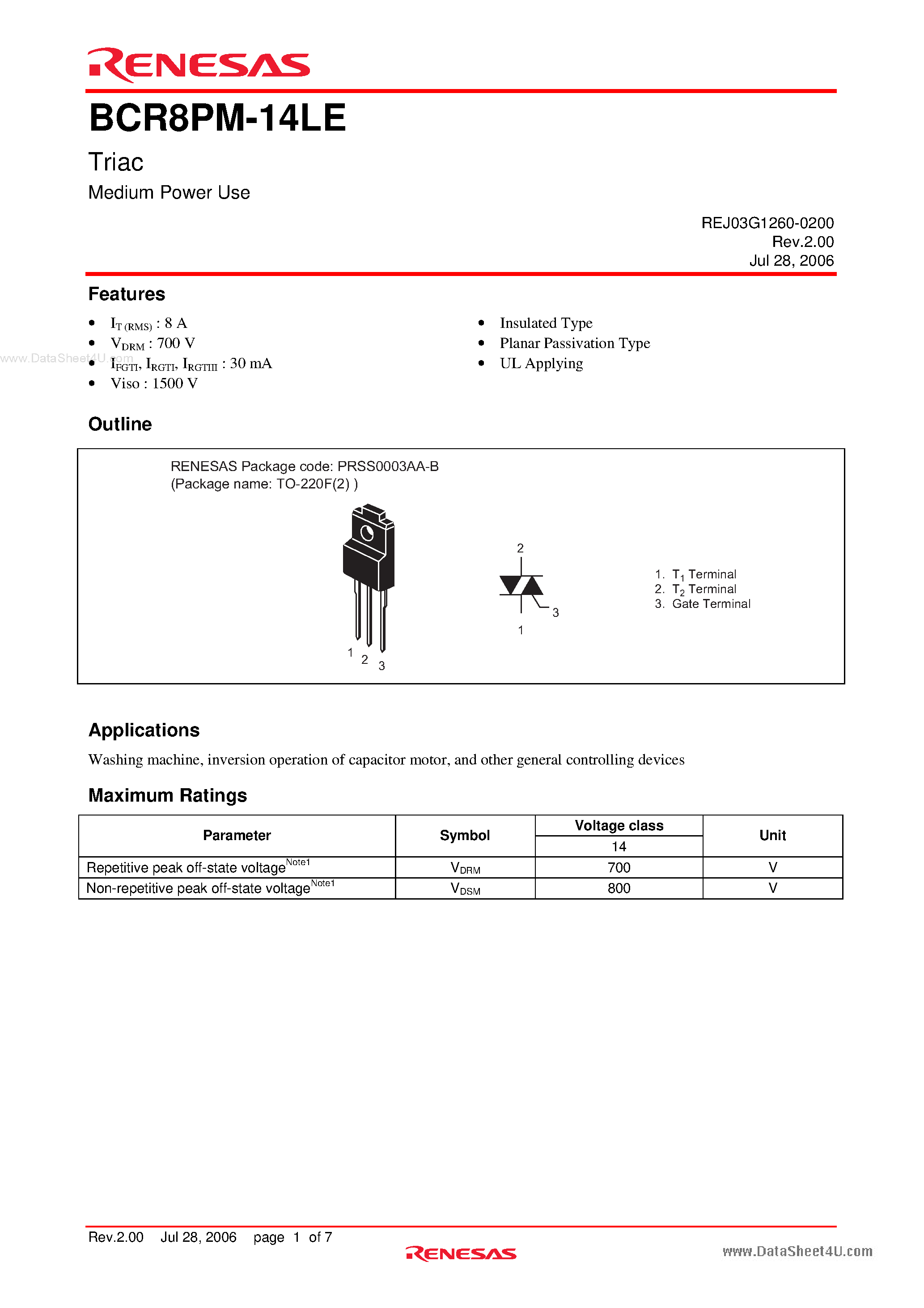 Datasheet BCR8PM-14LE page 1 Datasheet BCR8PM-14LE - Triac Medium Power Use page 1