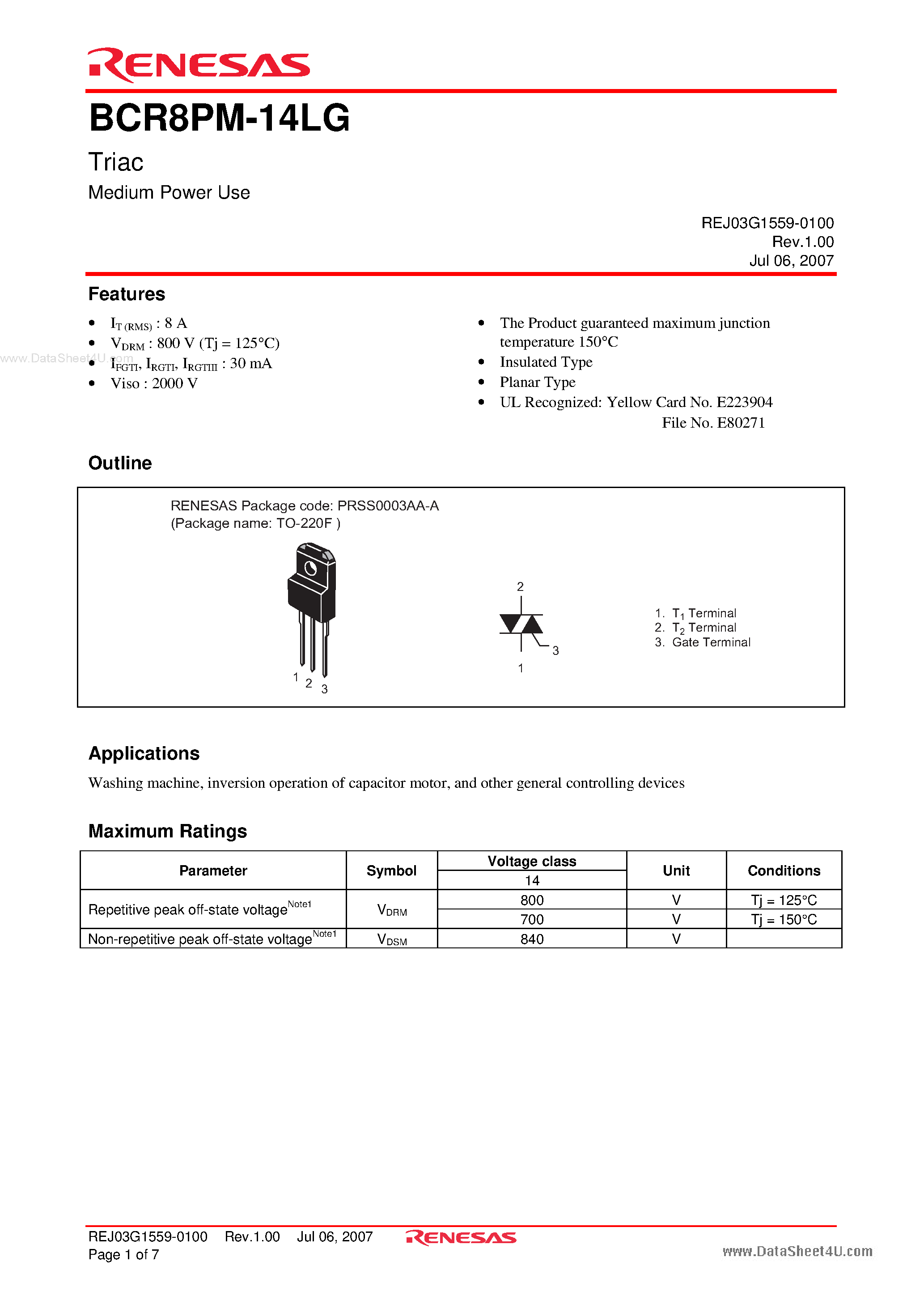Datasheet BCR8PM-14LG page 1 Datasheet BCR8PM-14LG - Triac Medium Power Use page 1