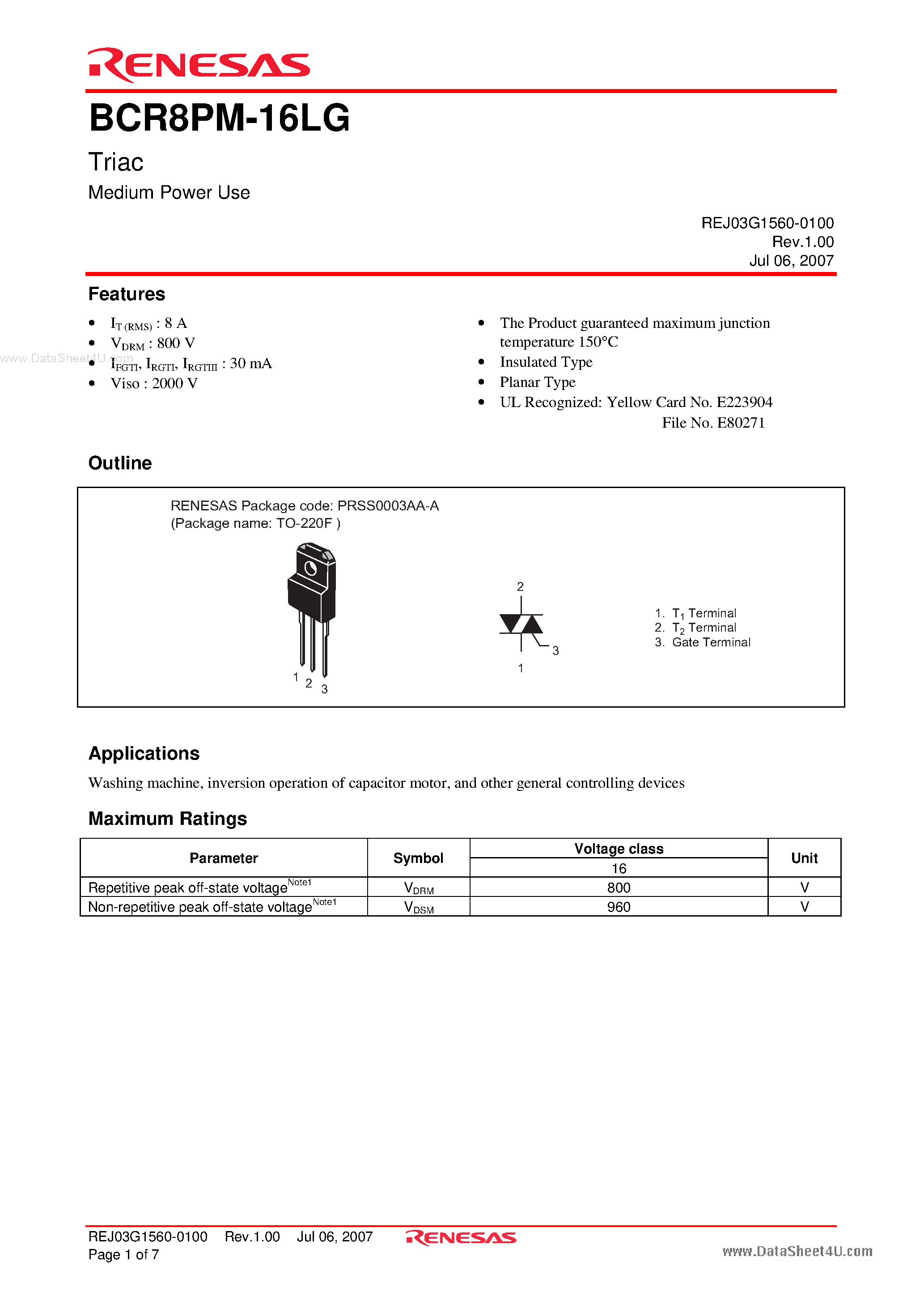 Datasheet BCR8PM-16LG - Triac Medium Power Use page 1