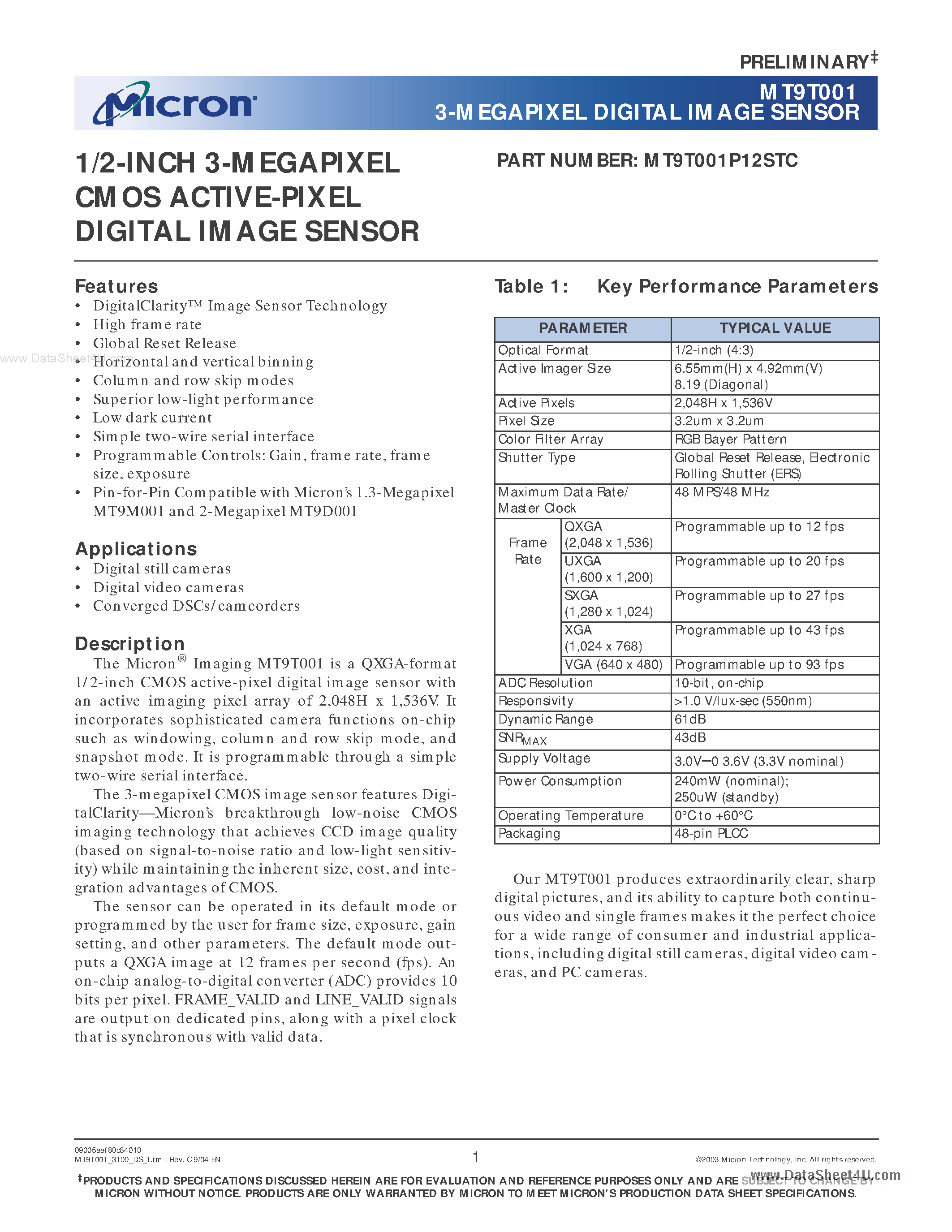 Datasheet MT9T001 - 3-MEGAPIXEL DIGITAL IMAGE SENSOR page 1