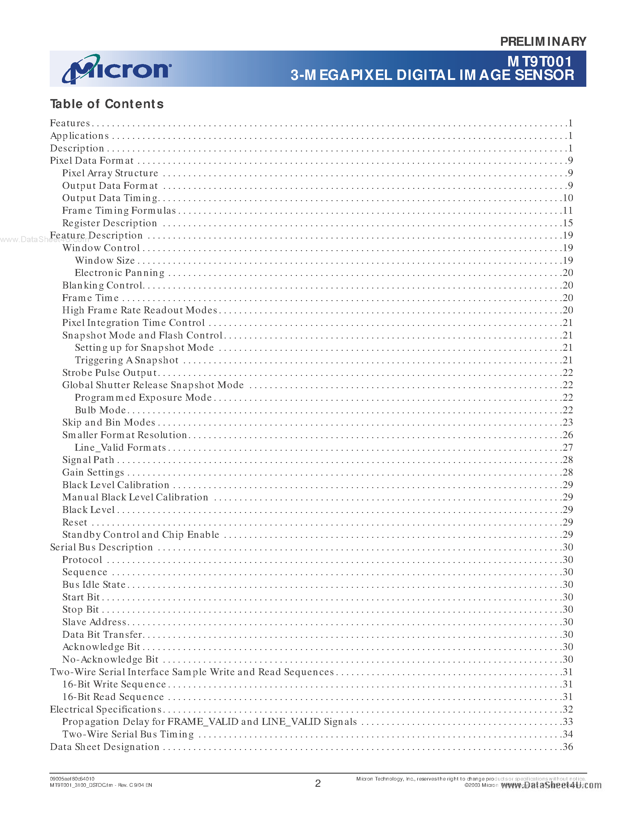 Datasheet MT9T001 - 3-MEGAPIXEL DIGITAL IMAGE SENSOR page 2