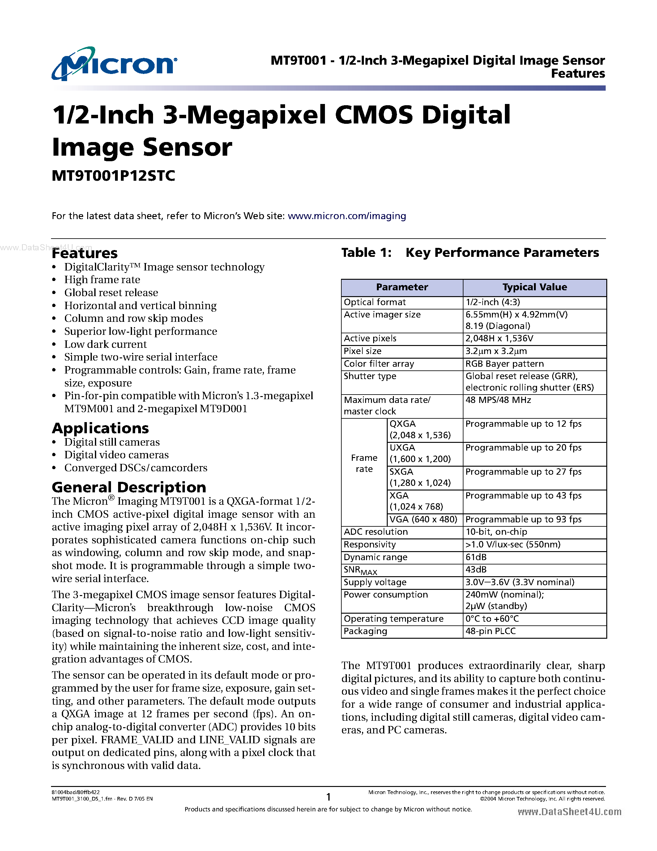 Datasheet MT9T001P12STC - 1/2-Inch 3-Megapixel CMOS Digital Image Sensor page 1