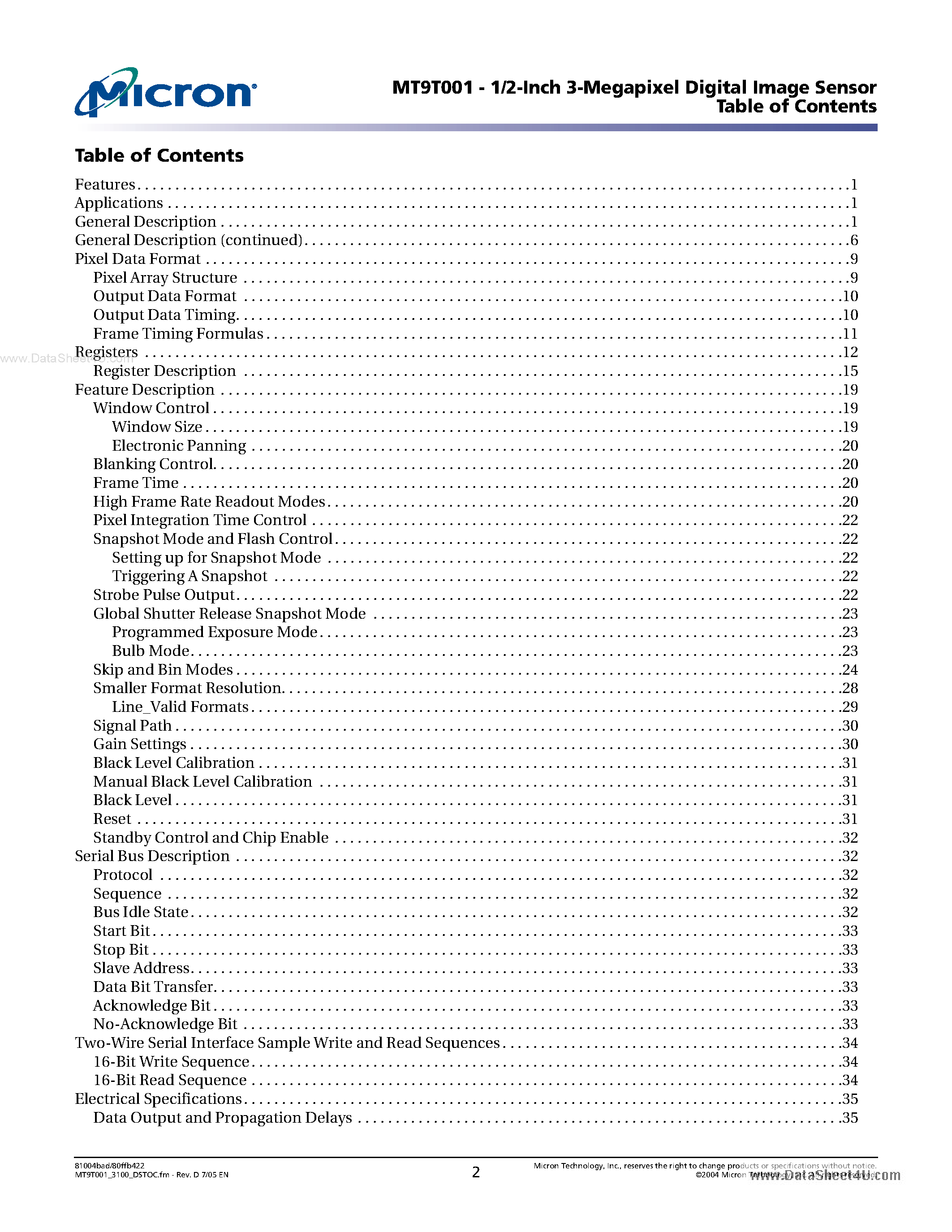 Datasheet MT9T001P12STC - 1/2-Inch 3-Megapixel CMOS Digital Image Sensor page 2