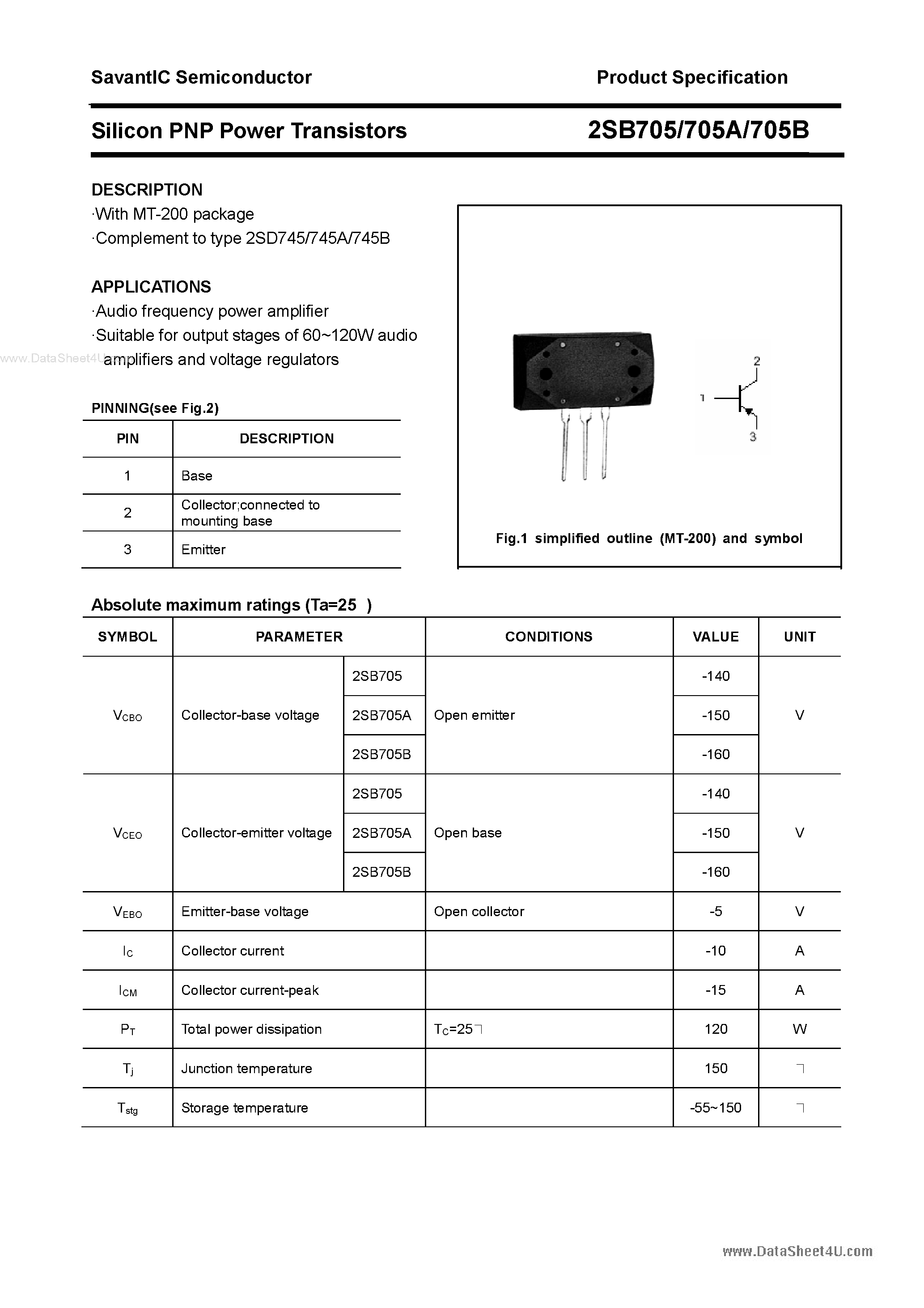 Даташит 2SB705 - Silicon PNP Power Transistors страница 1