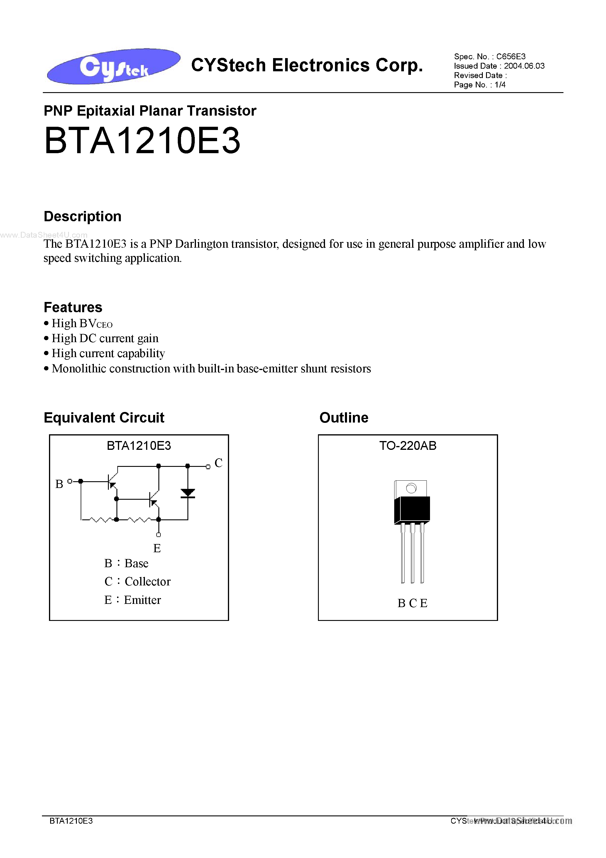 Даташит BTA1210E3 - PNP Epitaxial Planar Transistor страница 1