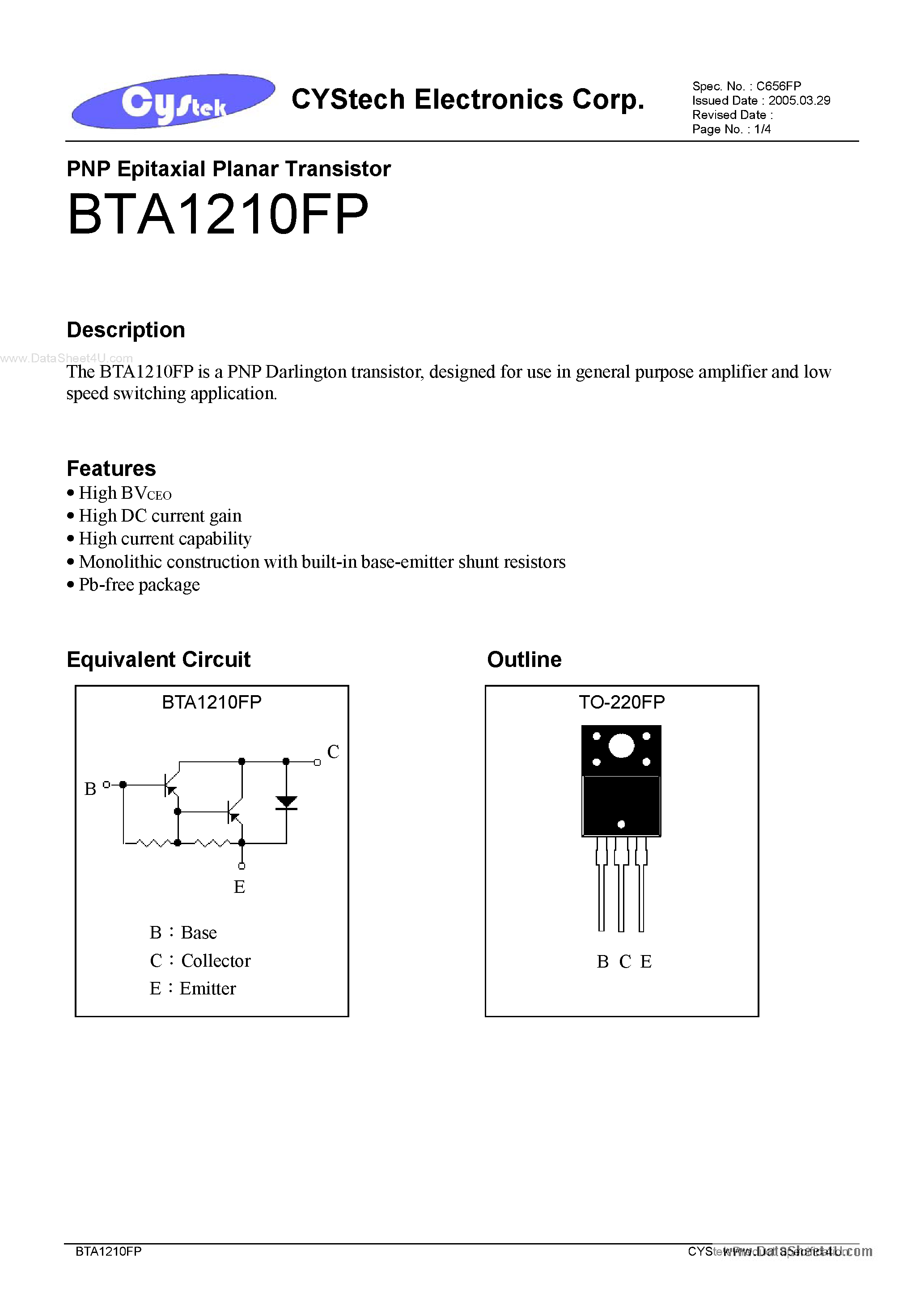 Даташит BTA1210FP - PNP Epitaxial Planar Transistor страница 1