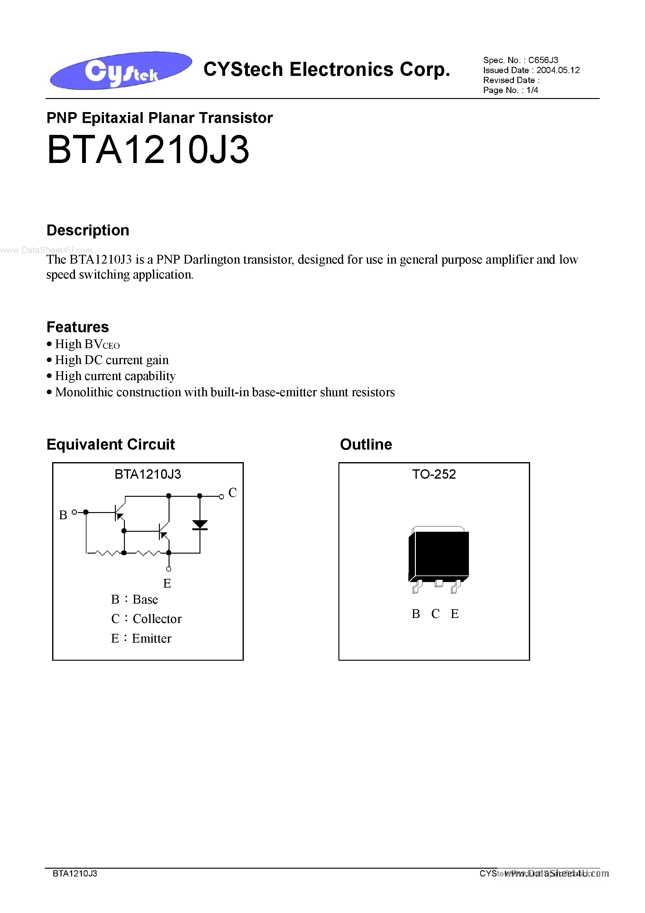 Даташит BTA1210J3 - PNP Epitaxial Planar Transistor страница 1