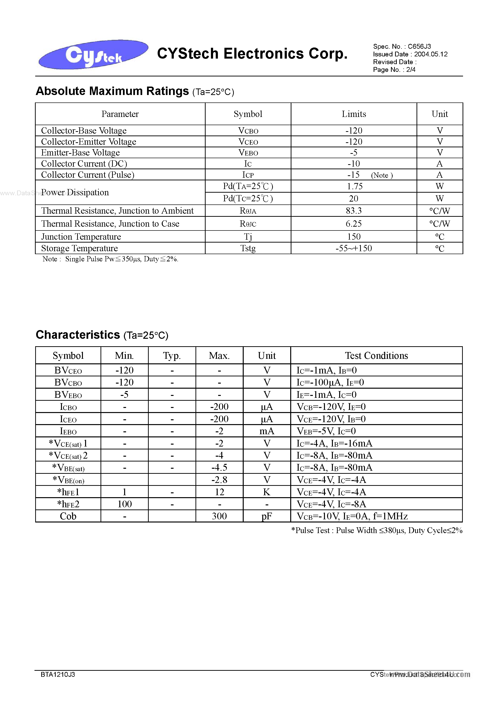 Даташит BTA1210J3 - PNP Epitaxial Planar Transistor страница 2