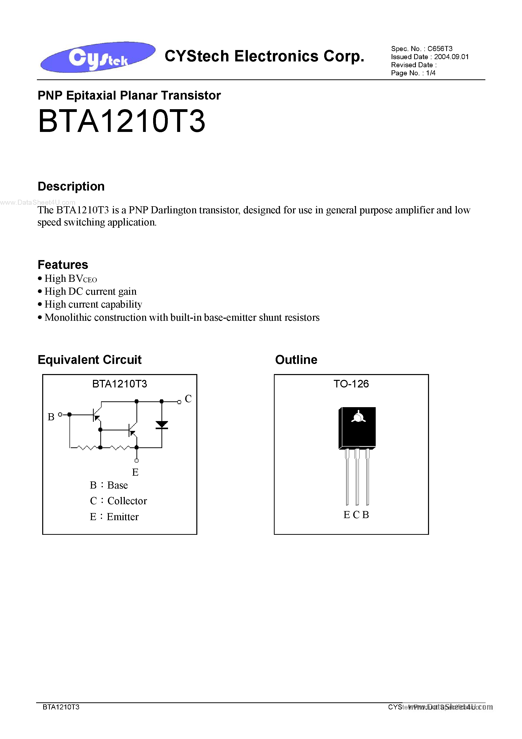 Даташит BTA1210T3 - PNP Epitaxial Planar Transistor страница 1