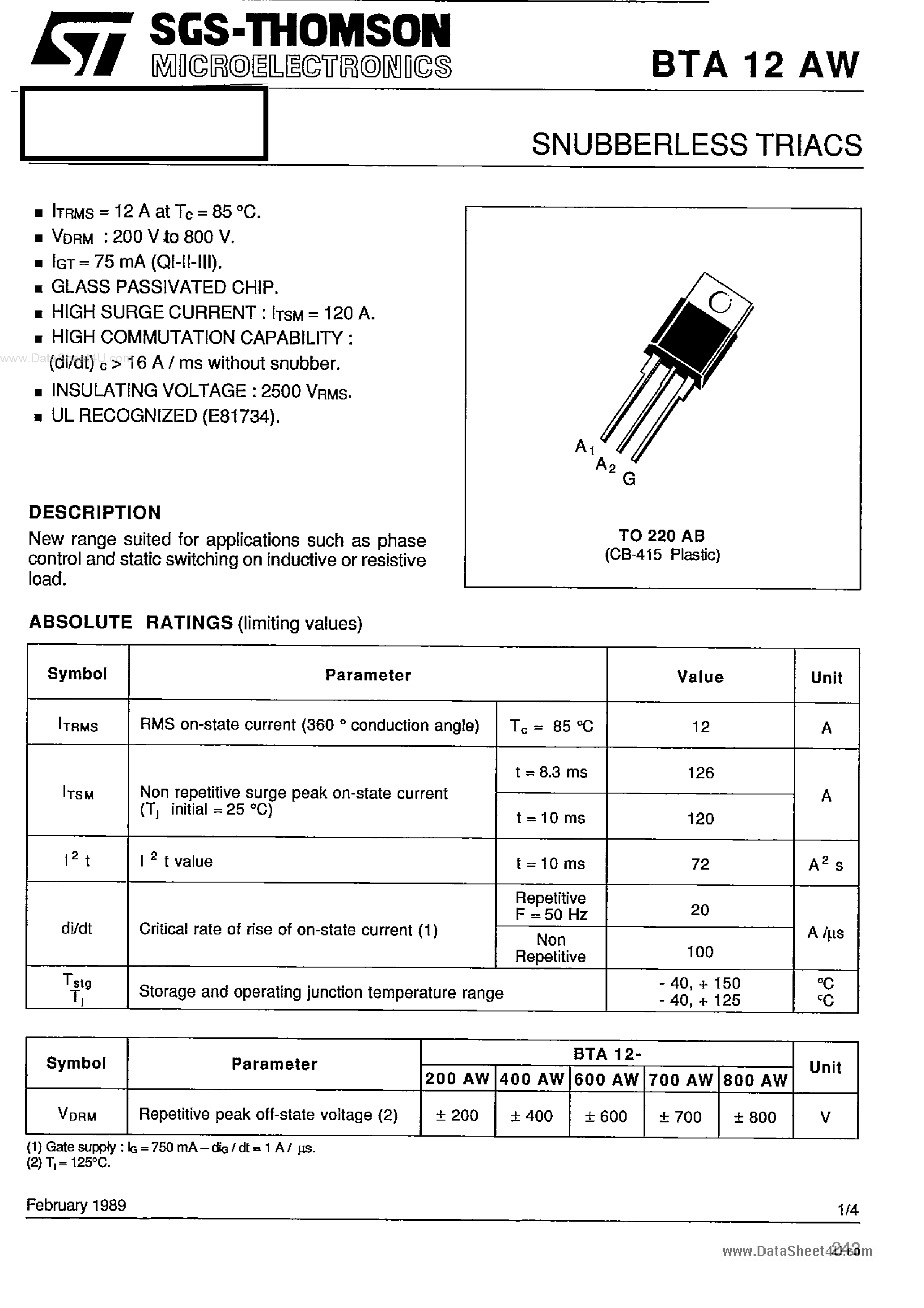 Даташит на микросхему BTA12AW страница 1 Даташит BTA12AW - SNUBBERLESS TRIACS страница 1