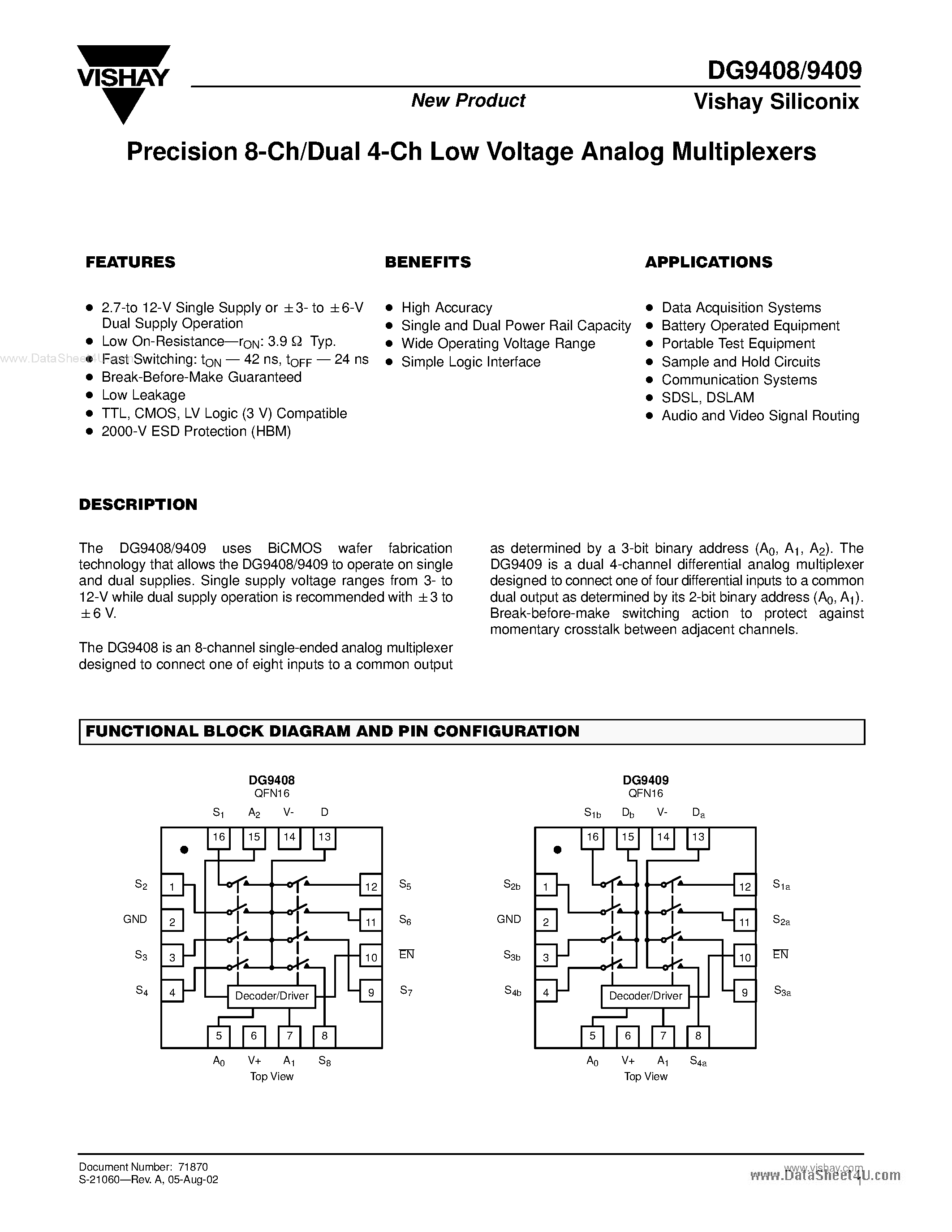 Datasheet DG9408 - (DG9408 / DG9409) Precision 8-Ch/Dual 4-Ch Low Voltage Analog Multiplexers page 1