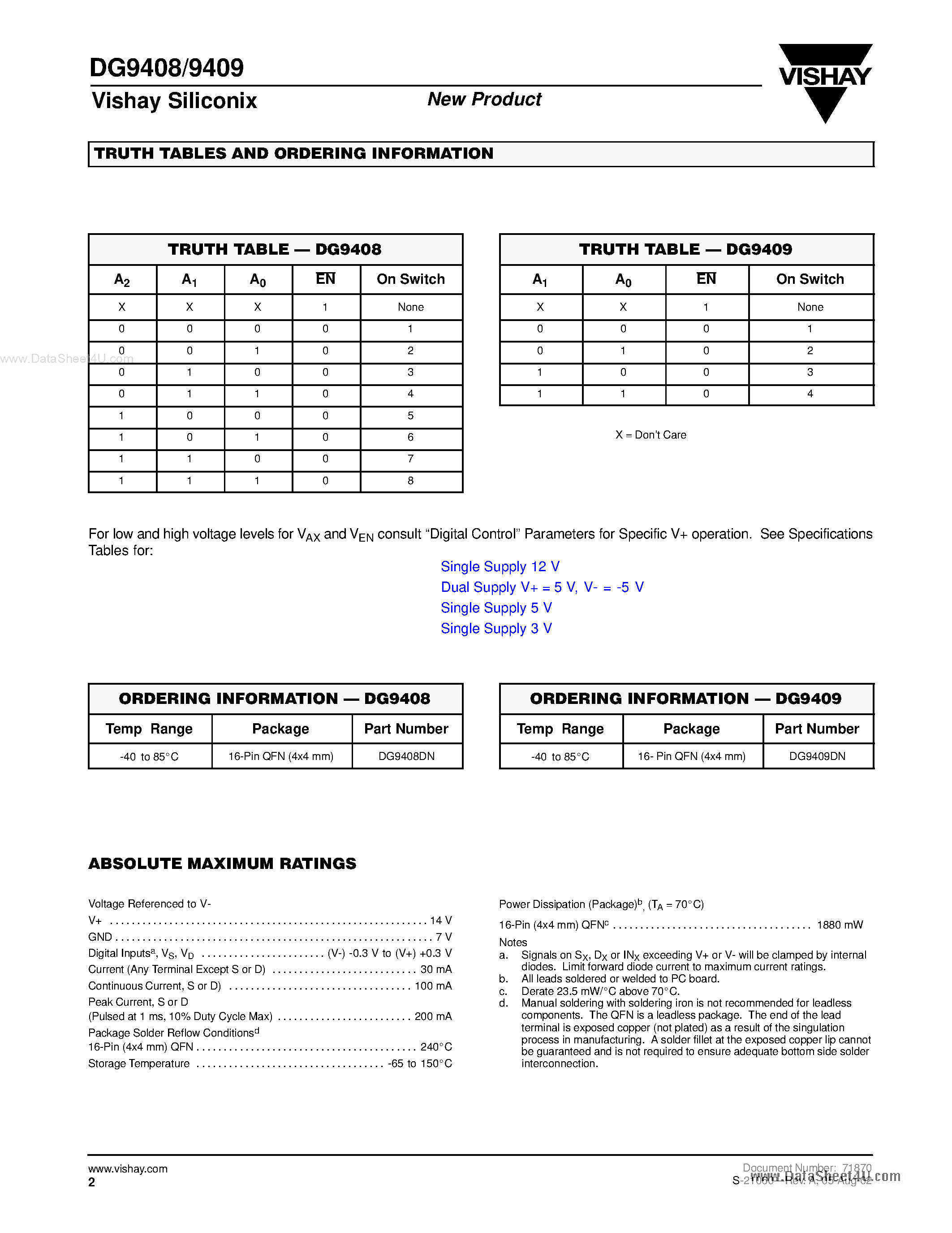 Datasheet DG9408 - (DG9408 / DG9409) Precision 8-Ch/Dual 4-Ch Low Voltage Analog Multiplexers page 2