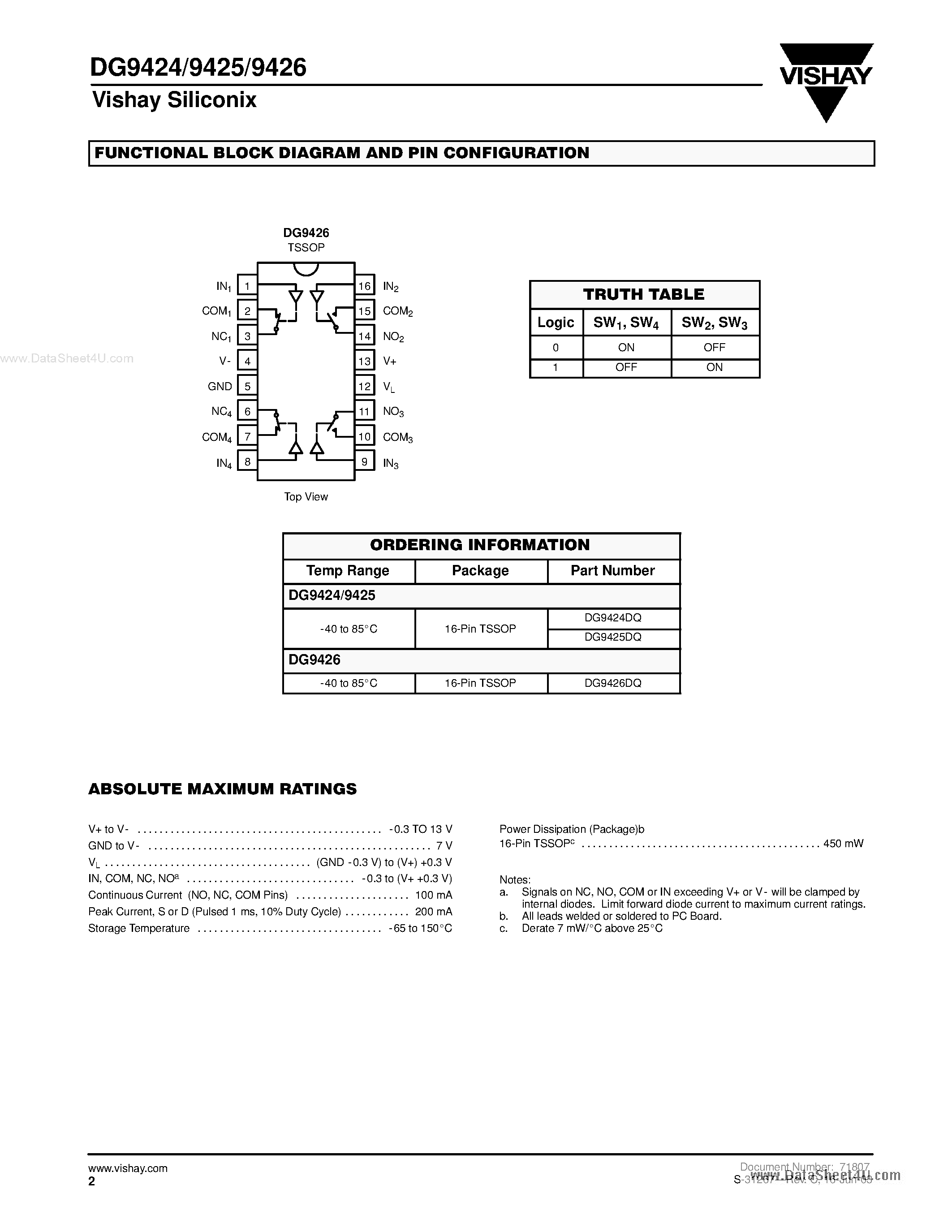 Даташит DG9424 - (DG9424 - DG9426) Quad SPST Analog Switches страница 2