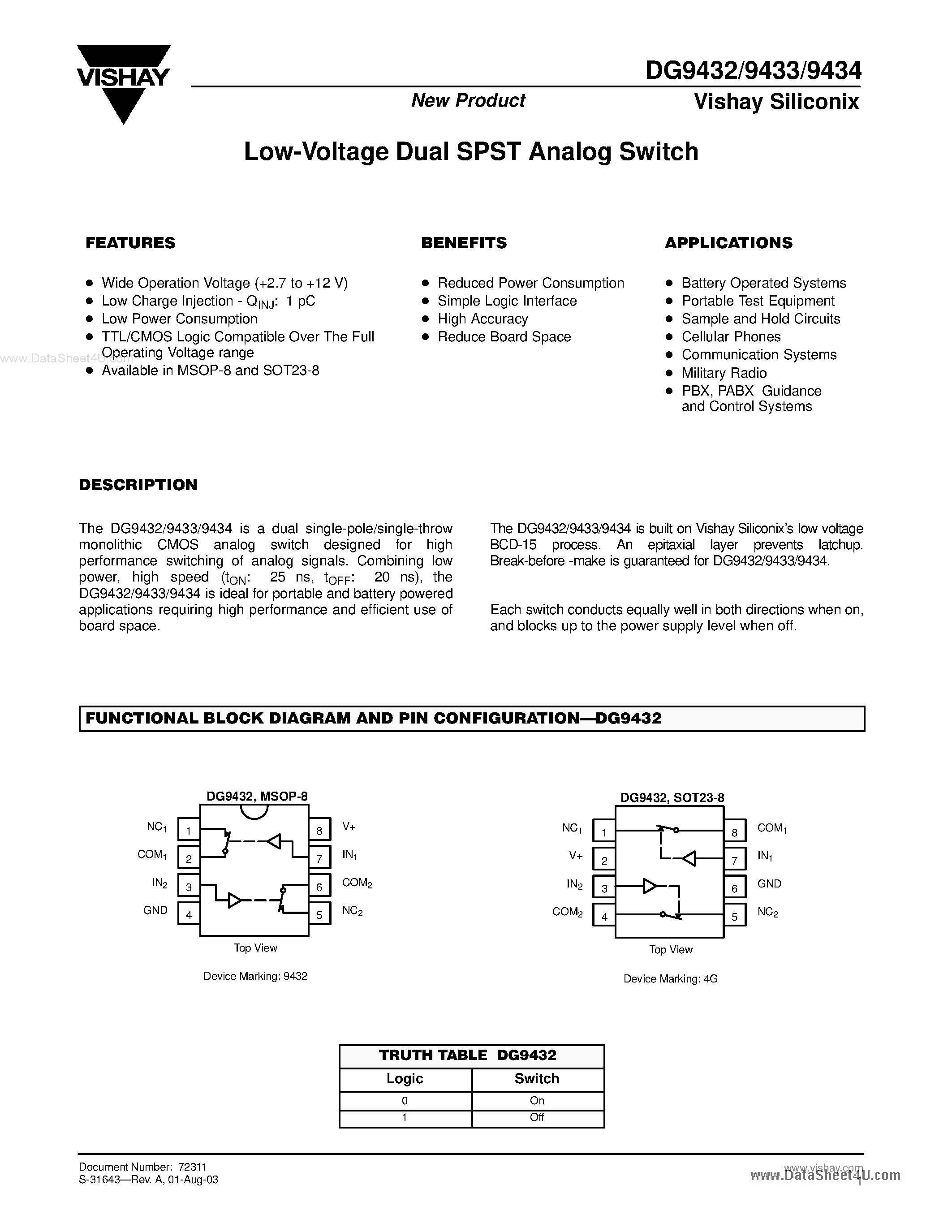 Даташит DG9432 - (DG9432 - DG9434) Low-Voltage Dual SPST Analog Switch страница 1