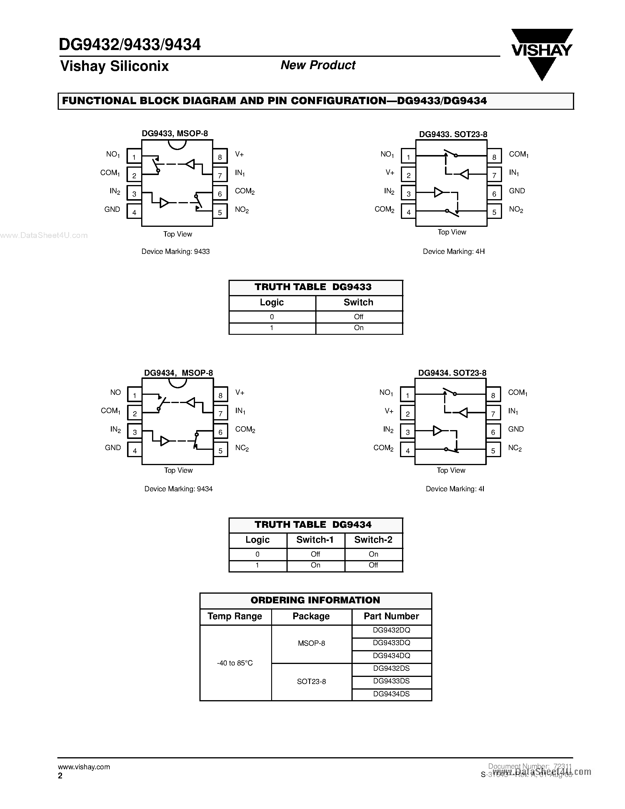 Даташит DG9432 - (DG9432 - DG9434) Low-Voltage Dual SPST Analog Switch страница 2