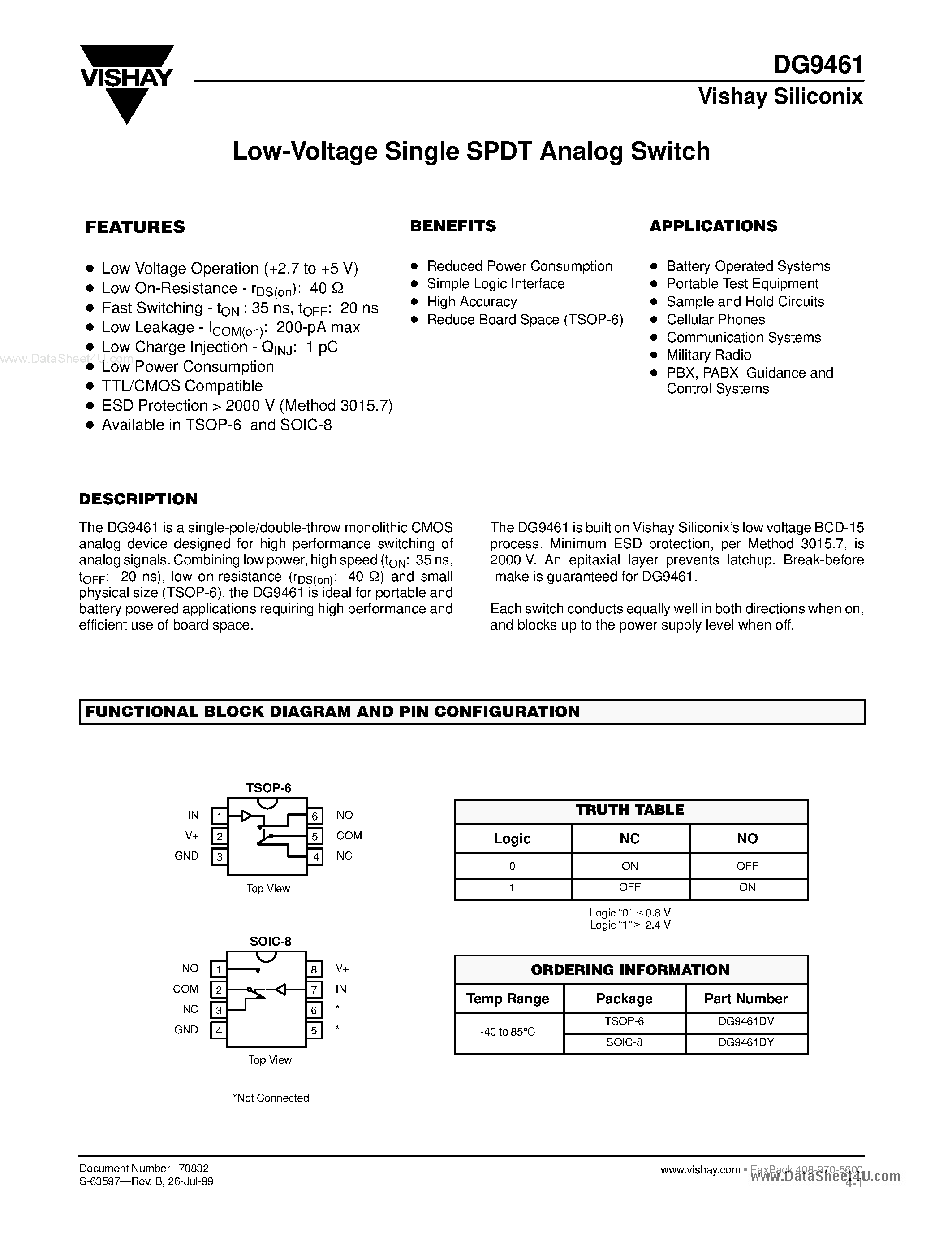 Даташит DG9461 - Low-Voltage Single SPDT Analog Switch страница 1
