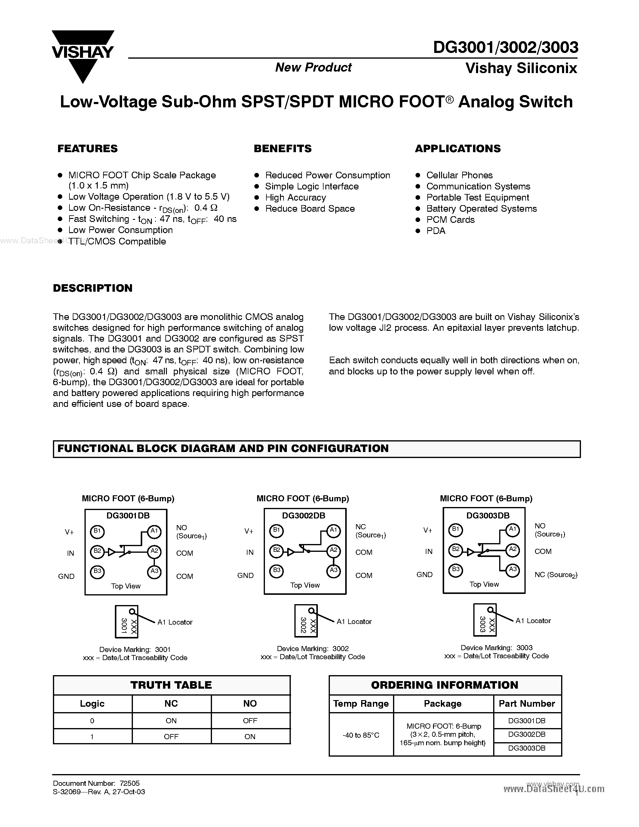 Даташит DG3001 - (DG3001 - DG3003) Low-Voltage Sub-Ohm SPST/SPDT MICRO FOOT Analog Switch страница 1