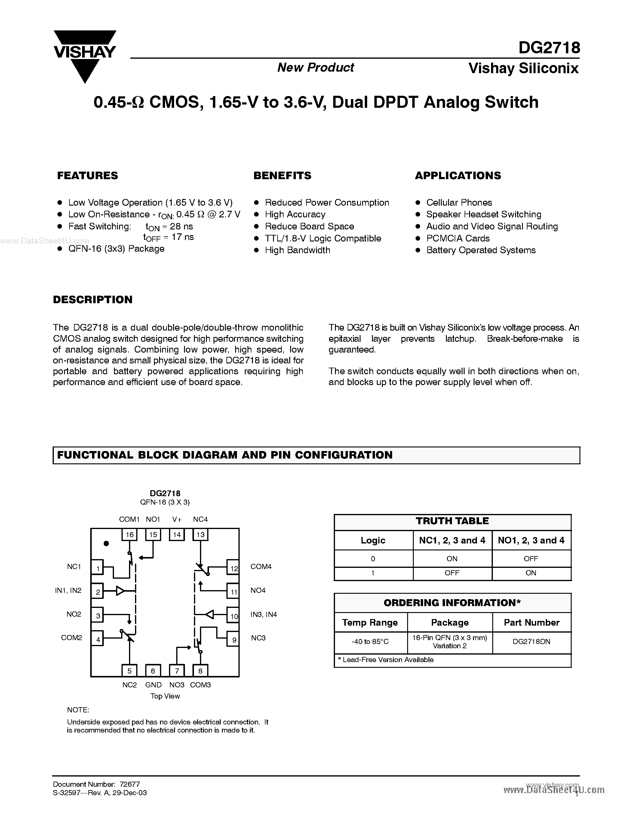 Даташит DG2718 - Dual DPDT Analog Switch страница 1