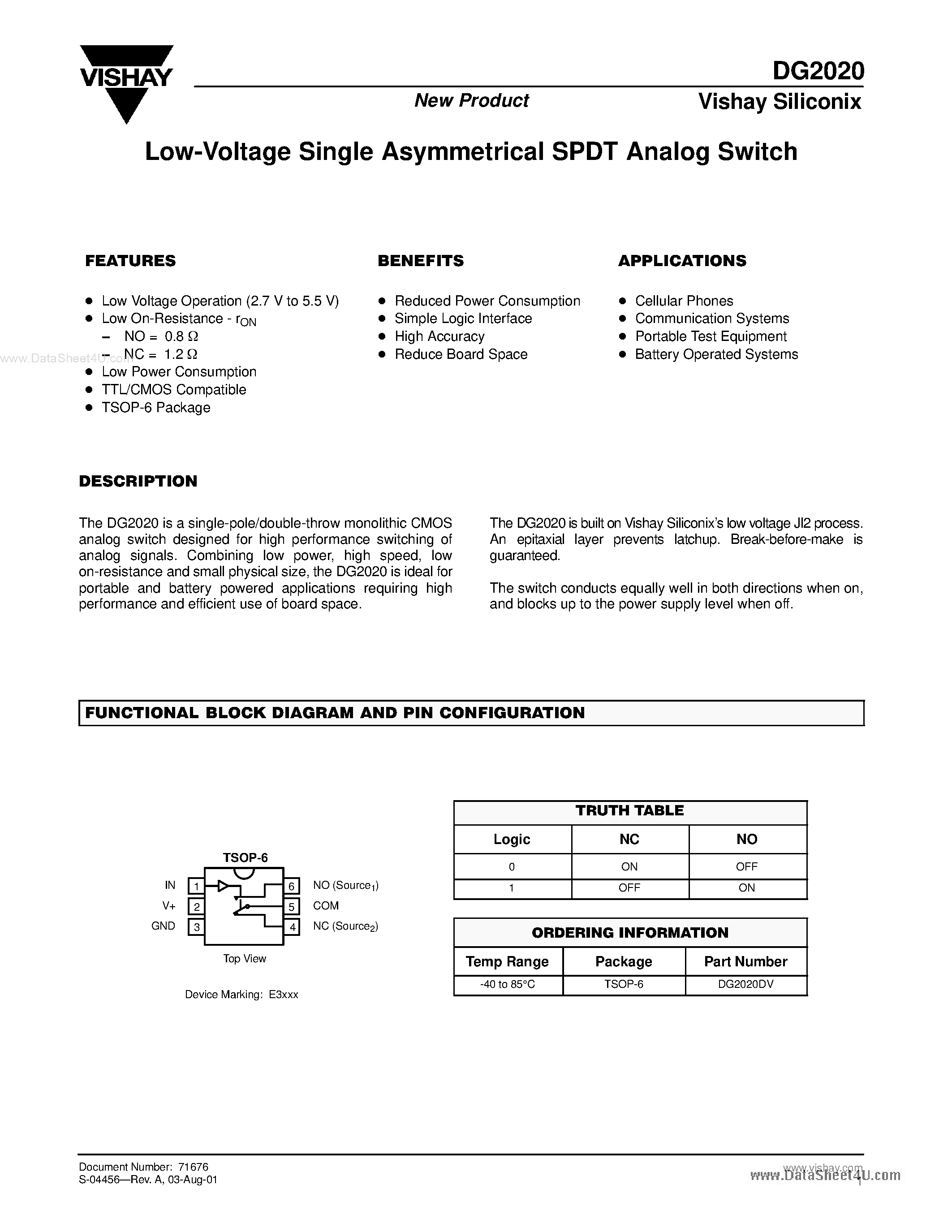 Даташит DG2020 - Low-Voltage Single Asymmetrical SPDT Analog Switch страница 1