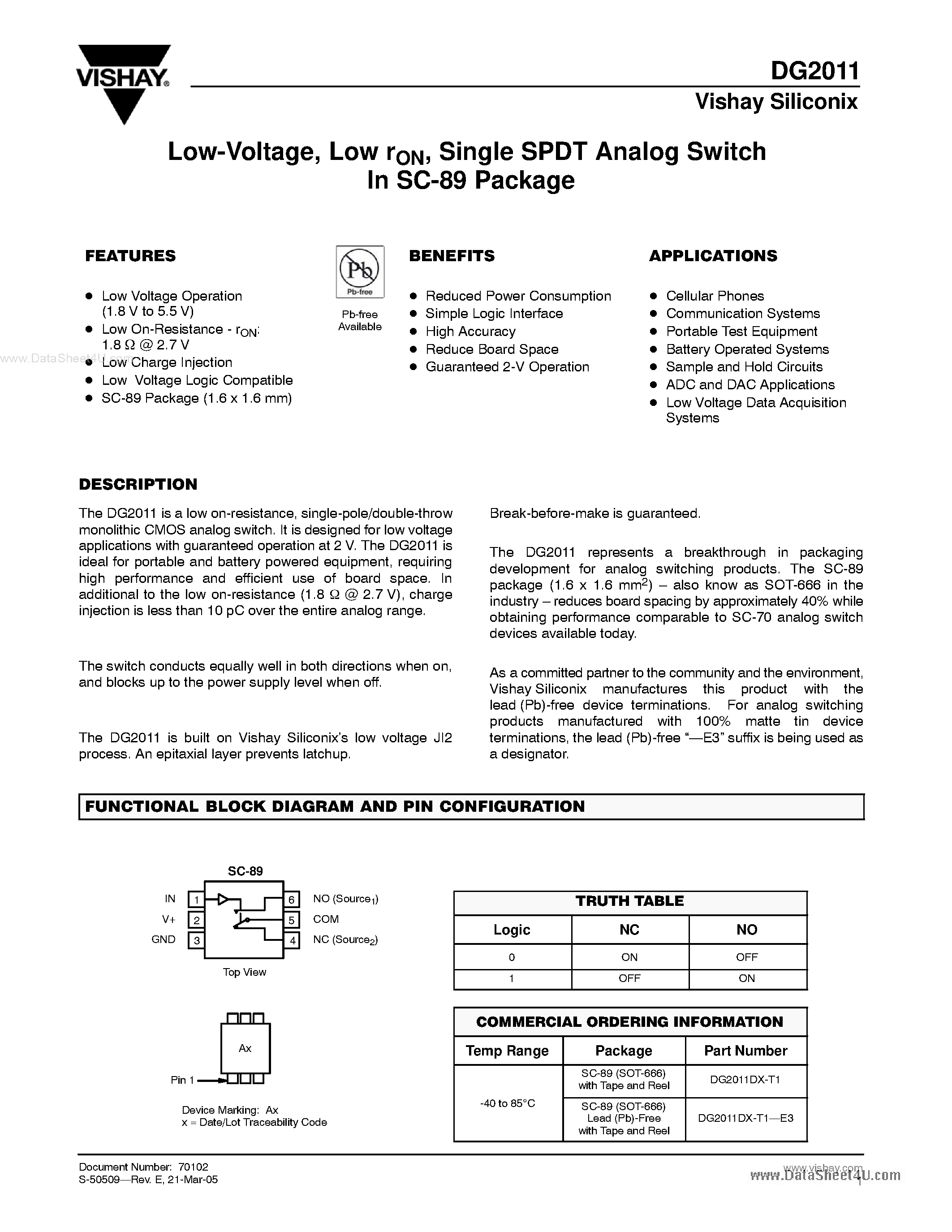 Даташит на микросхему DG2011 страница 1 Даташит DG2011 - Single SPDT Analog Switch страница 1