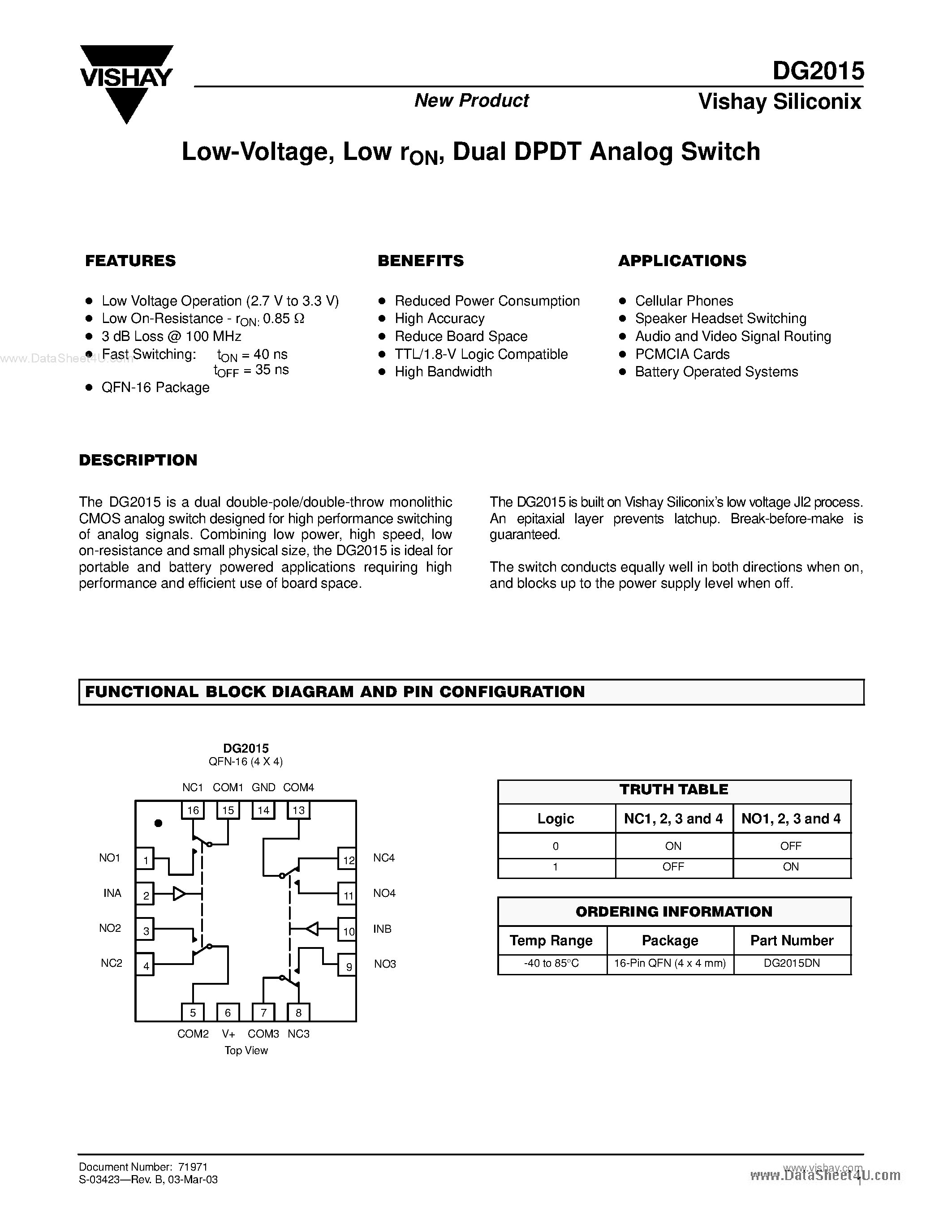 Даташит DG2015 - Dual DPDT Analog Switch страница 1