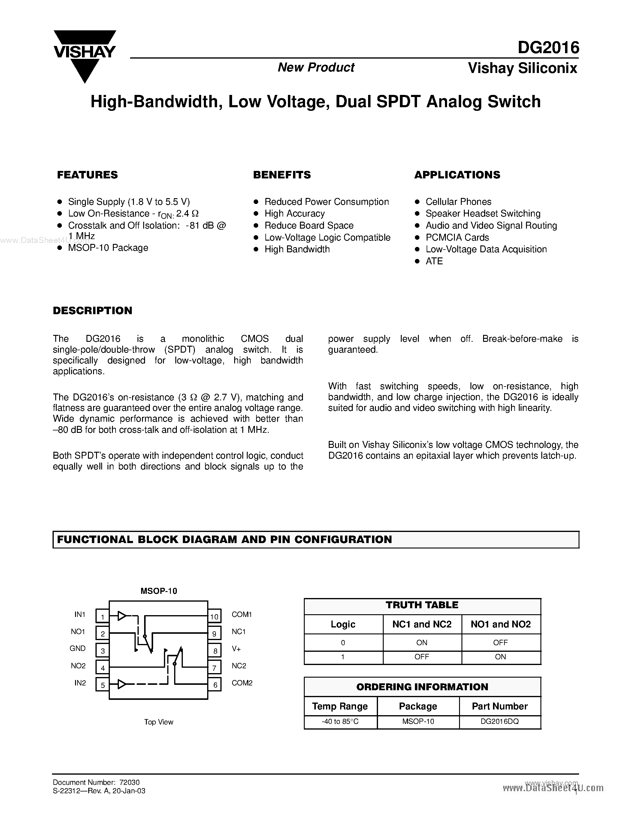 Даташит на микросхему DG2016 страница 1 Даташит DG2016 - Dual SPDT Analog Switch страница 1
